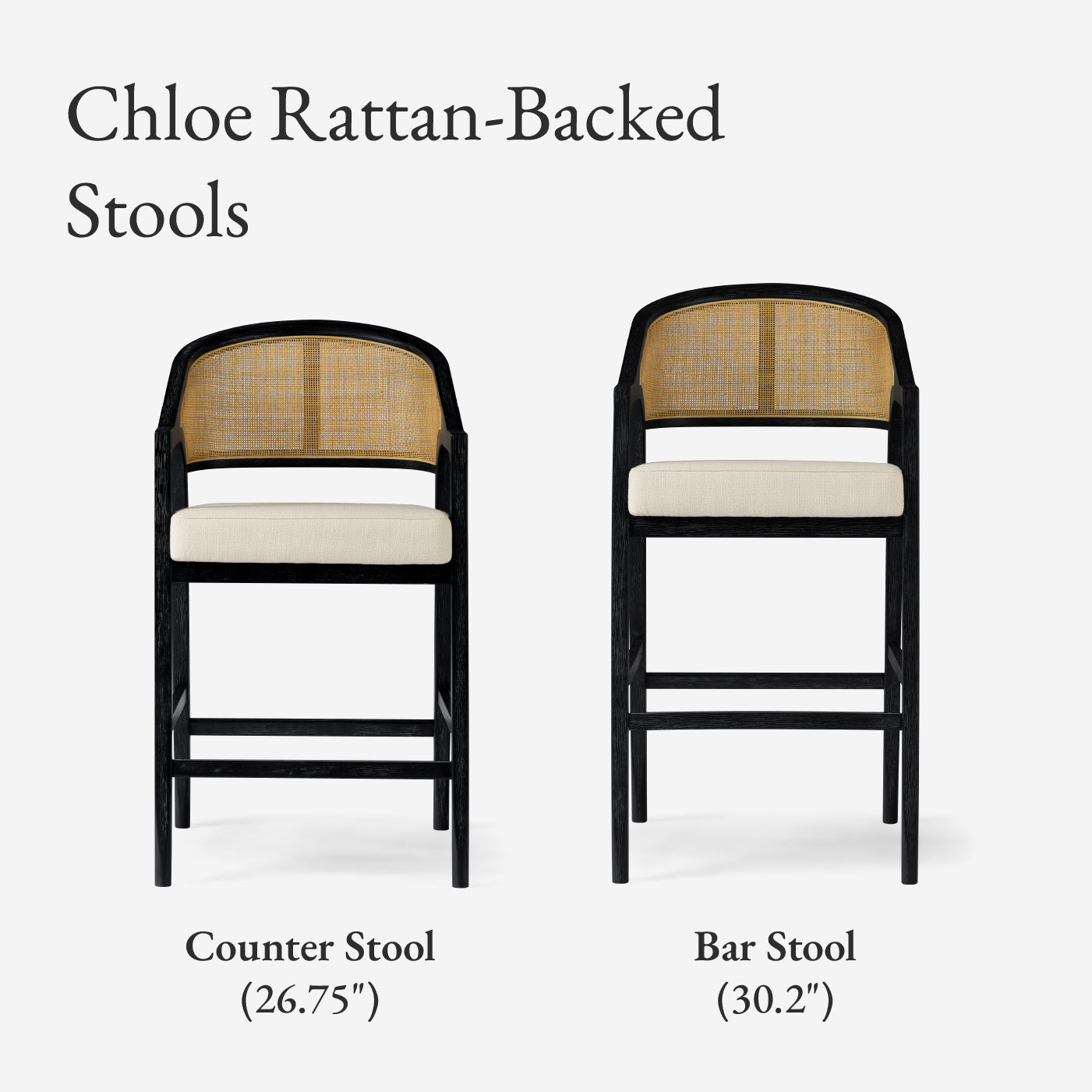 31" Chloe Bar Stool in Black Finish with Beige Fabric Upholstery and Natural Rattan Back in Maven Lane by Maven Lane