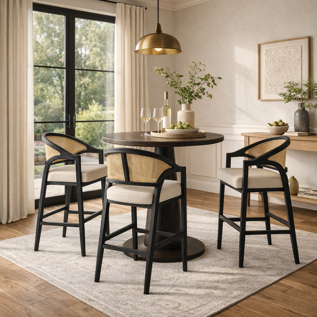 31" Chloe Bar Stool in Black Finish with Beige Fabric Upholstery and Natural Rattan Back in Maven Lane by Maven Lane