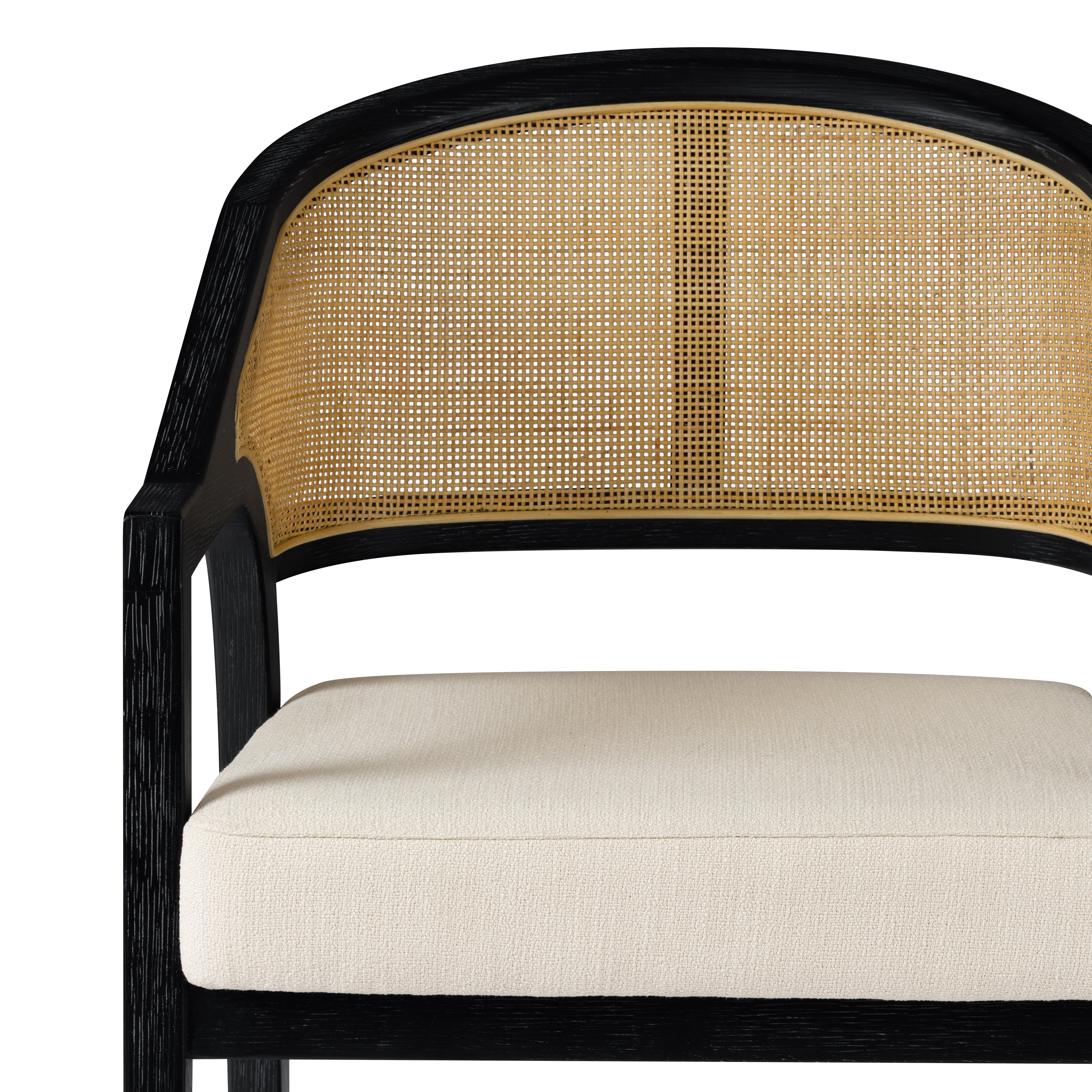 31" Chloe Bar Stool in Black Finish with Beige Fabric Upholstery and Natural Rattan Back in Maven Lane by Maven Lane