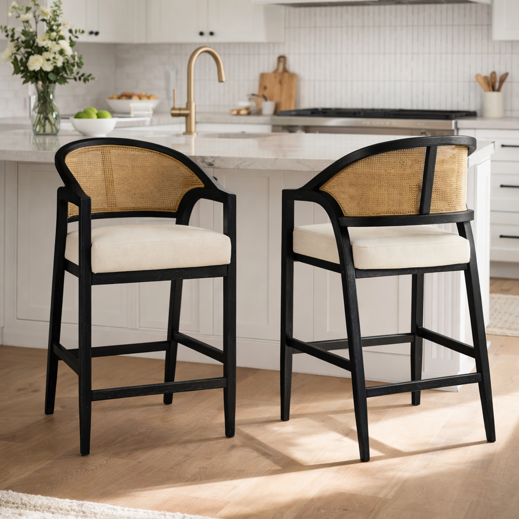 26" Chloe Counter Stool in Black Finish with Beige Fabric Upholstery and Natural Rattan Back in Maven Lane by Maven Lane
