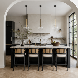 Chloe Counter Stool in Black Finish with Beige Fabric Upholstery and Natural Rattan Back in Stools by Maven Lane