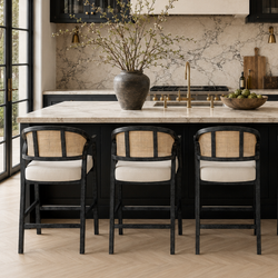 Chloe Counter Stool in Black Finish with Beige Fabric Upholstery and Natural Rattan Back in Stools by Maven Lane