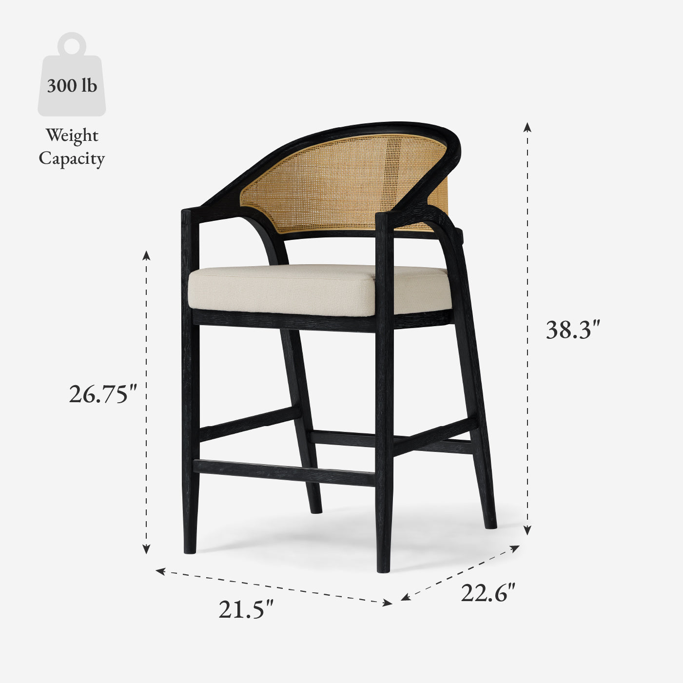 26" Chloe Counter Stool in Black Finish with Beige Fabric Upholstery and Natural Rattan Back in Maven Lane by Maven Lane