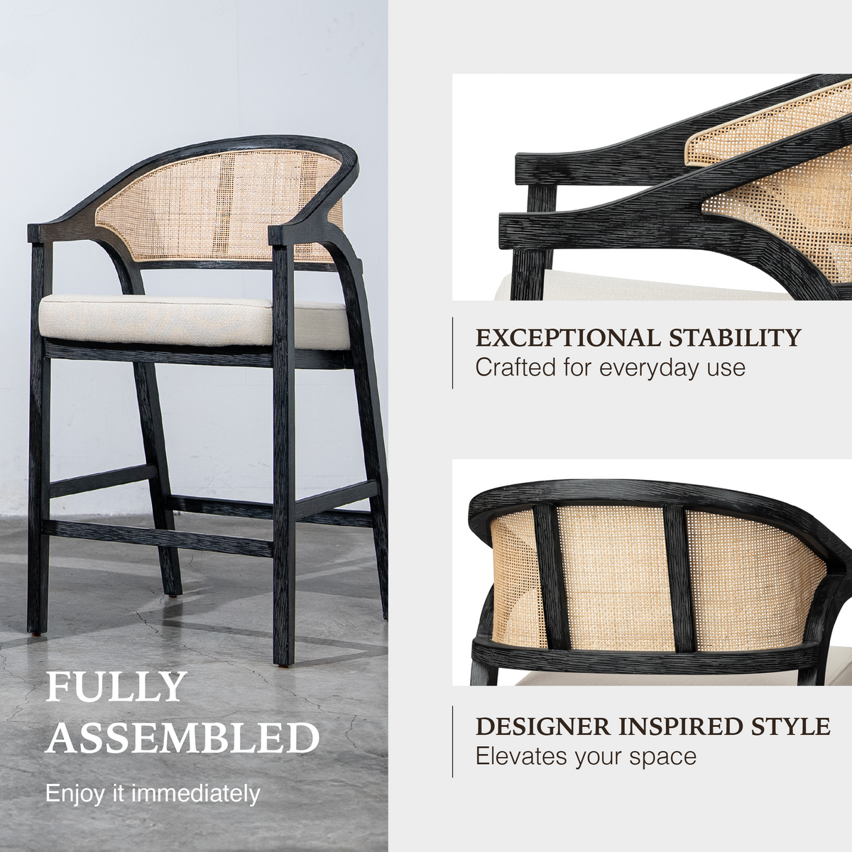 Chloe Counter Stool in Black Finish with Beige Fabric Upholstery and Natural Rattan Back in Stools by Maven Lane