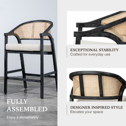 Chloe Counter Stool in Black Finish with Beige Fabric Upholstery and Natural Rattan Back in Stools by Maven Lane