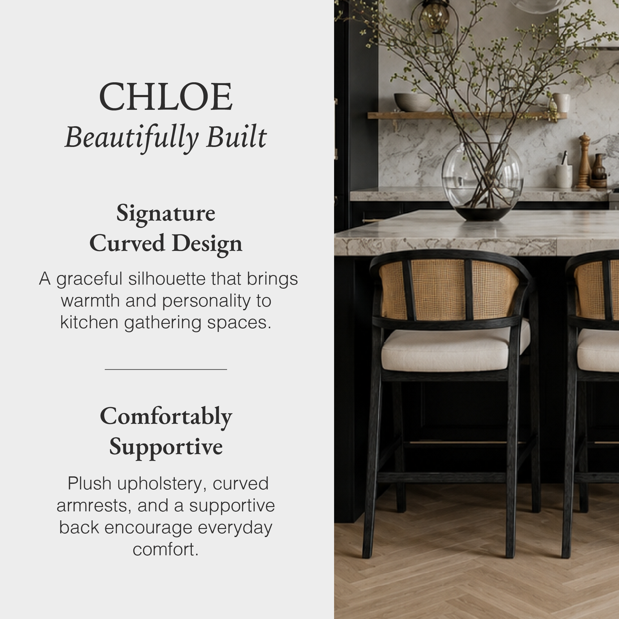 Chloe Counter Stool in Black Finish with Beige Fabric Upholstery and Natural Rattan Back in Stools by Maven Lane