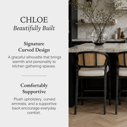 Chloe Counter Stool in Black Finish with Beige Fabric Upholstery and Natural Rattan Back in Stools by Maven Lane