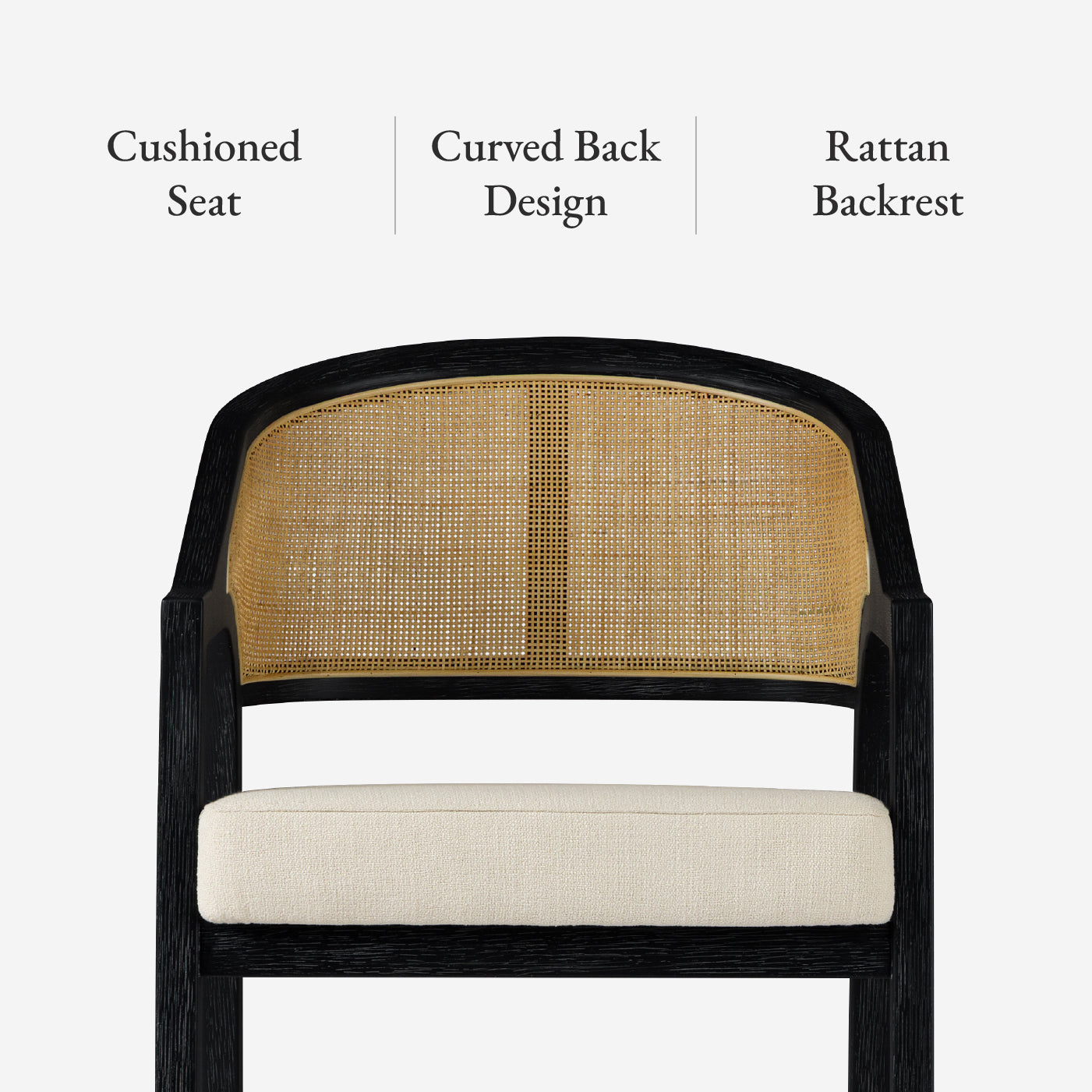 26" Chloe Counter Stool in Black Finish with Beige Fabric Upholstery and Natural Rattan Back in Maven Lane by Maven Lane