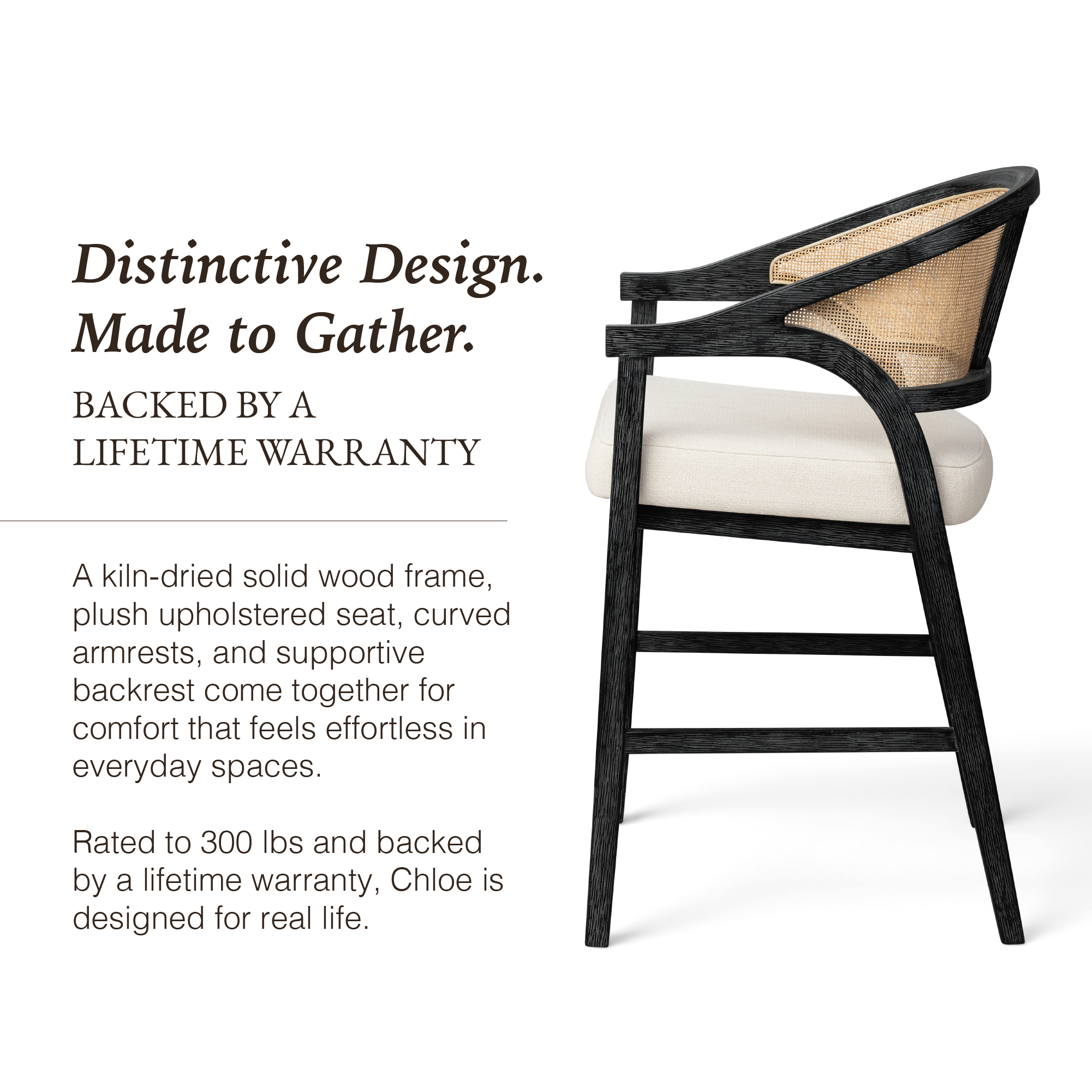 Chloe Counter Stool in Black Finish with Beige Fabric Upholstery and Natural Rattan Back in Stools by Maven Lane