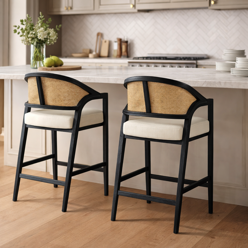 26" Chloe Counter Stool in Black Finish with Beige Fabric Upholstery and Natural Rattan Back in Maven Lane by Maven Lane