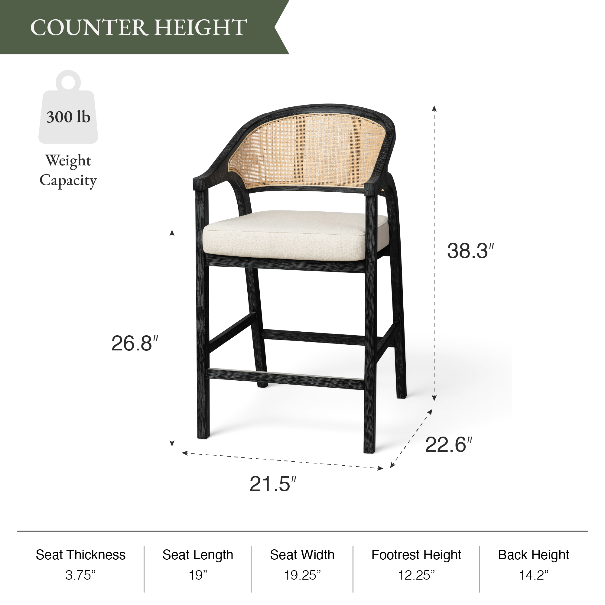Chloe Counter Stool in Black Finish with Beige Fabric Upholstery and Natural Rattan Back in Stools by Maven Lane