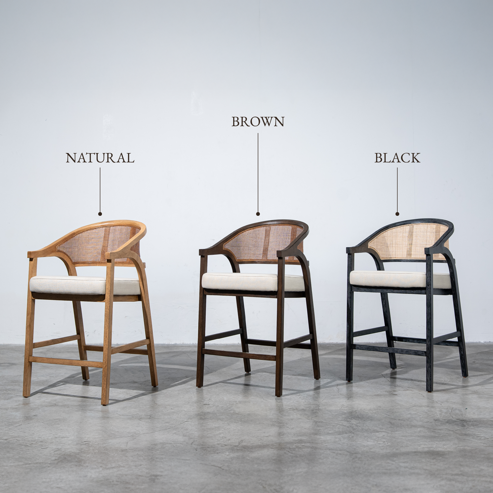 Chloe Counter Stool in Black Finish with Beige Fabric Upholstery and Natural Rattan Back in Stools by Maven Lane