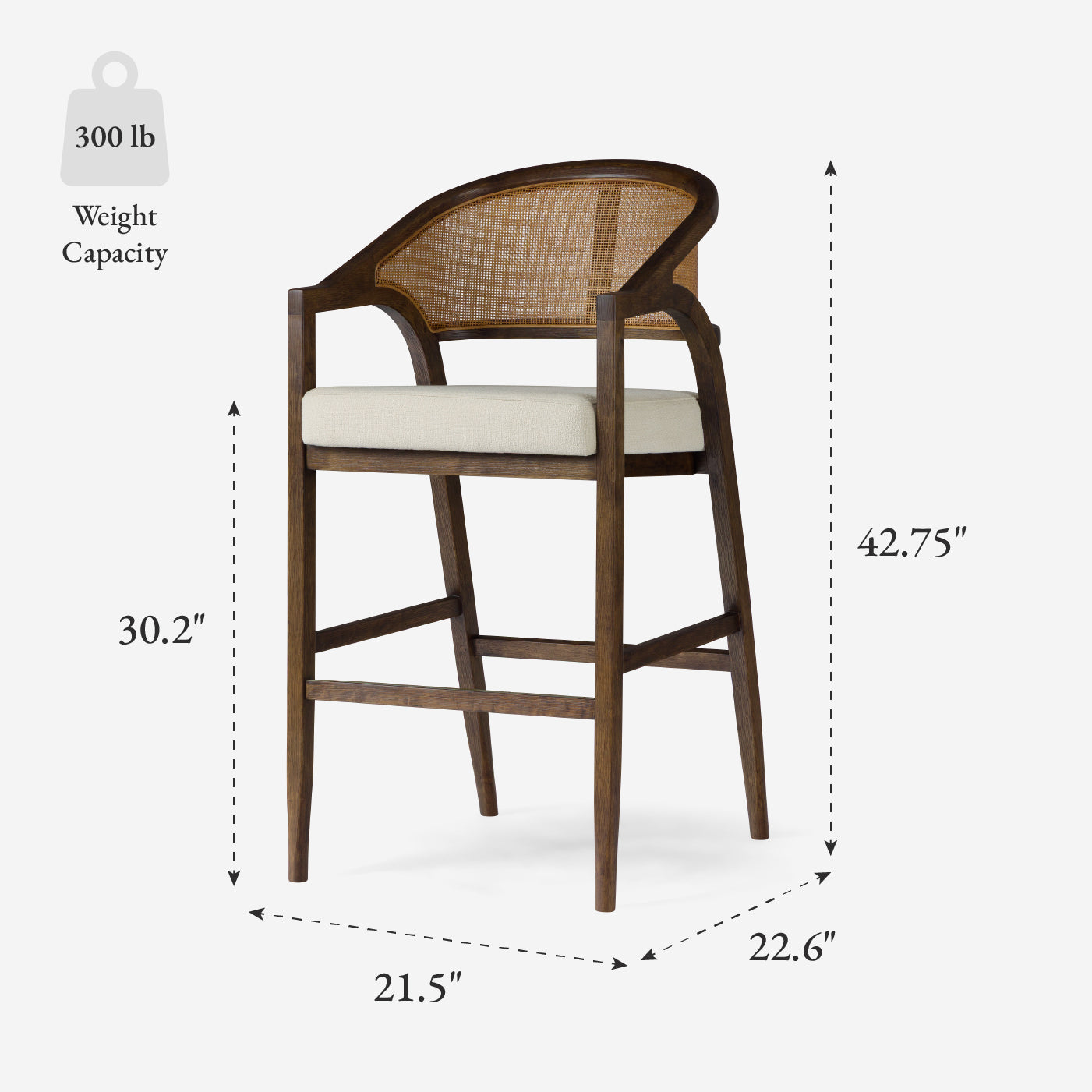 31" Chloe Bar Stool in Brown Finish with Beige Fabric Upholstery and Honey Rattan Back in Maven Lane by Maven Lane