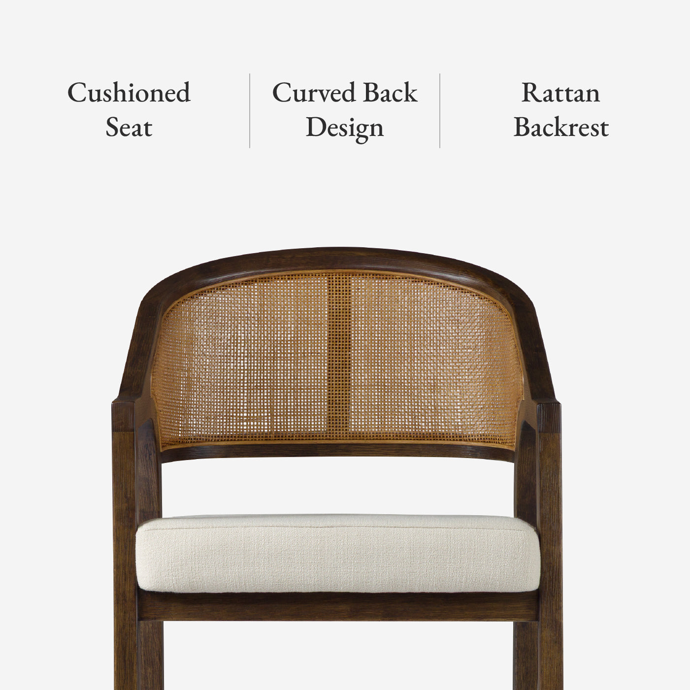 31" Chloe Bar Stool in Brown Finish with Beige Fabric Upholstery and Honey Rattan Back in Maven Lane by Maven Lane