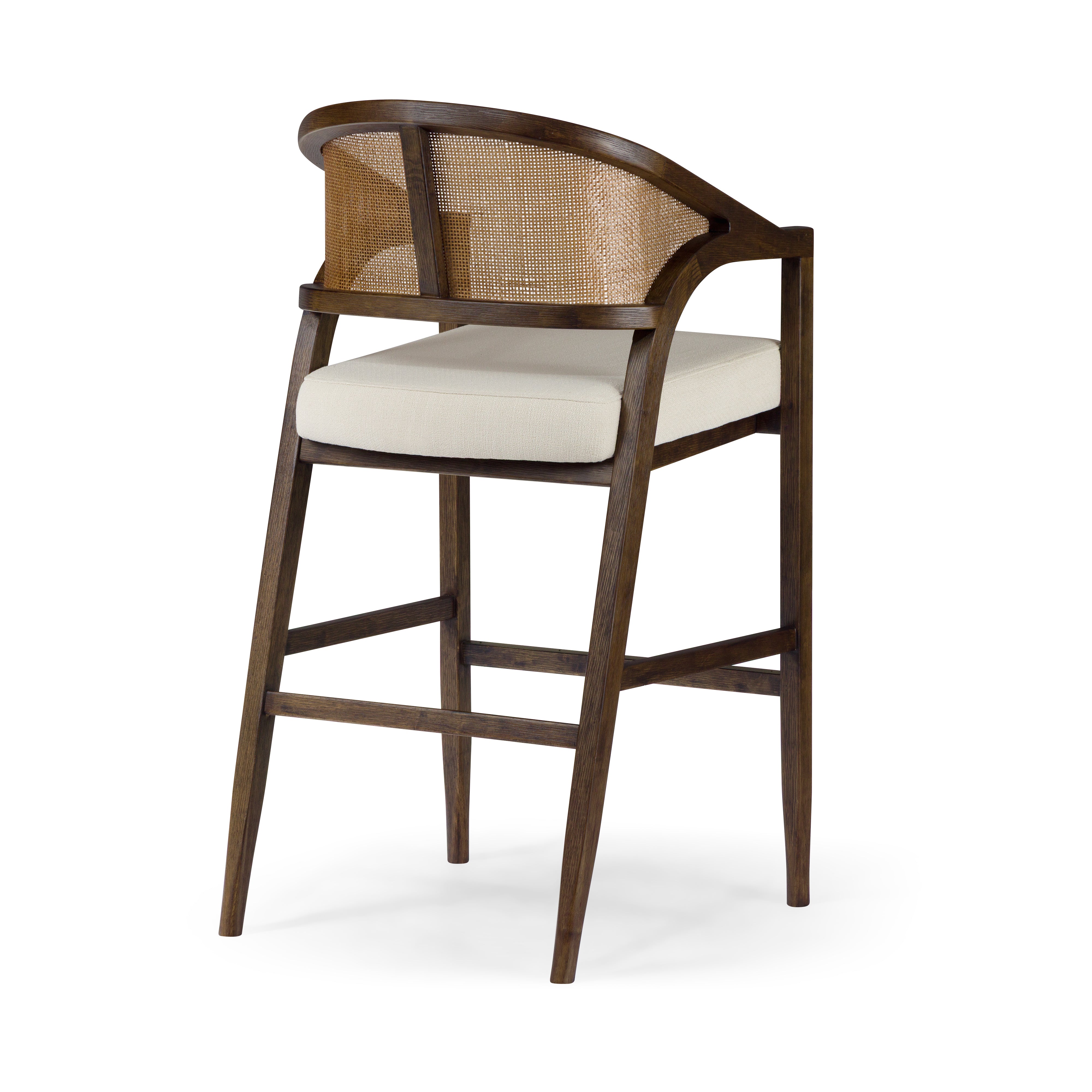31" Chloe Bar Stool in Brown Finish with Beige Fabric Upholstery and Honey Rattan Back in Maven Lane by Maven Lane