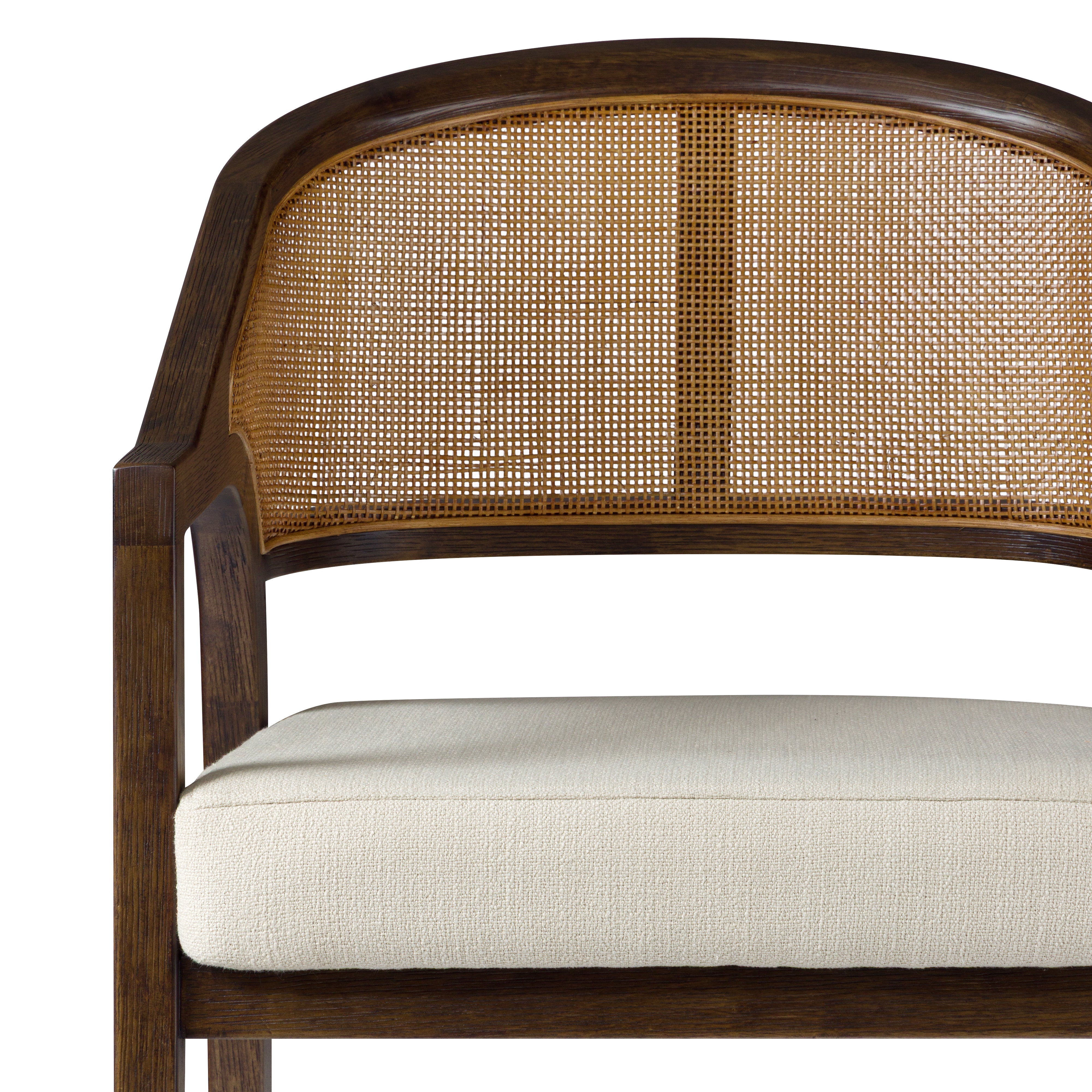 31" Chloe Bar Stool in Brown Finish with Beige Fabric Upholstery and Honey Rattan Back in Maven Lane by Maven Lane