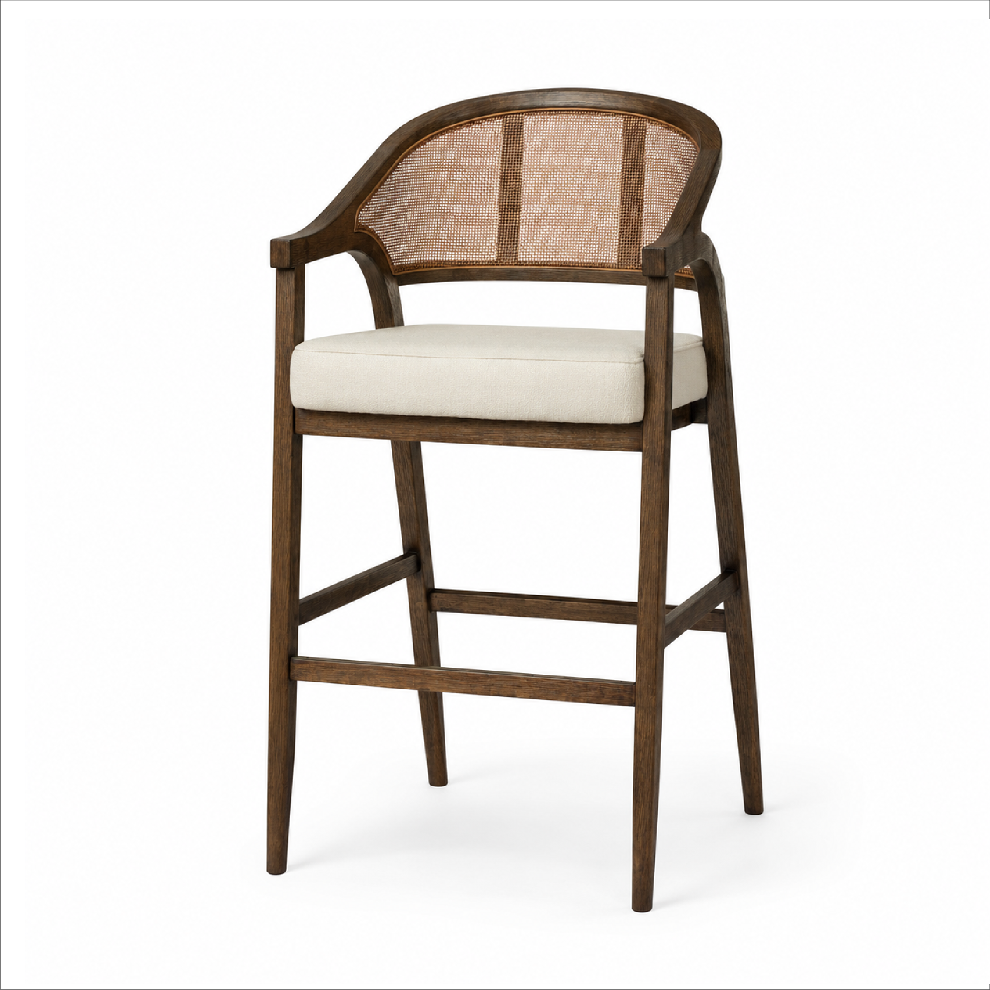 Chloe Bar Stool in Brown Finish with Beige Fabric Upholstery and Honey Rattan Back in Stools by Maven Lane