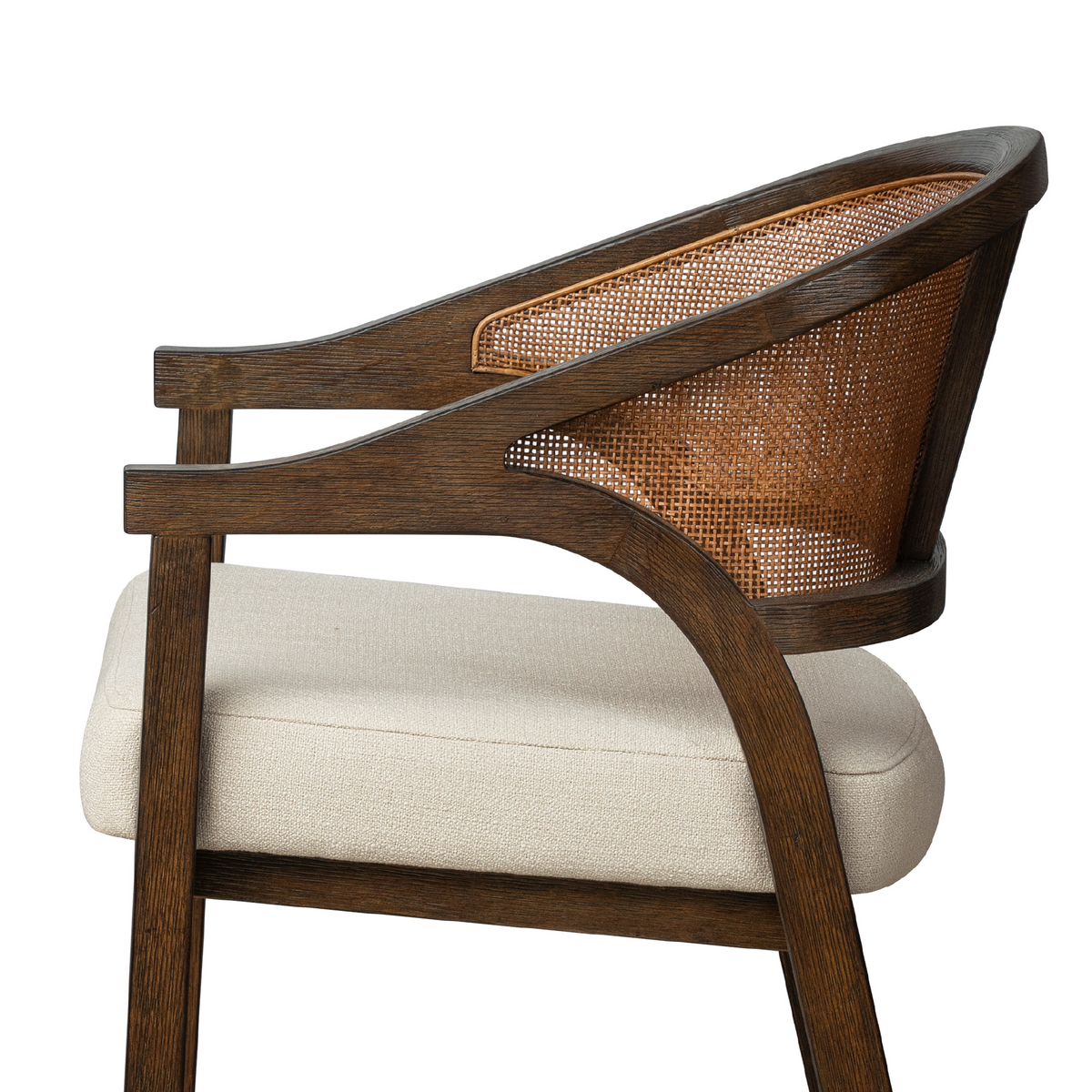 Chloe Bar Stool in Brown Finish with Beige Fabric Upholstery and Honey Rattan Back in Stools by Maven Lane