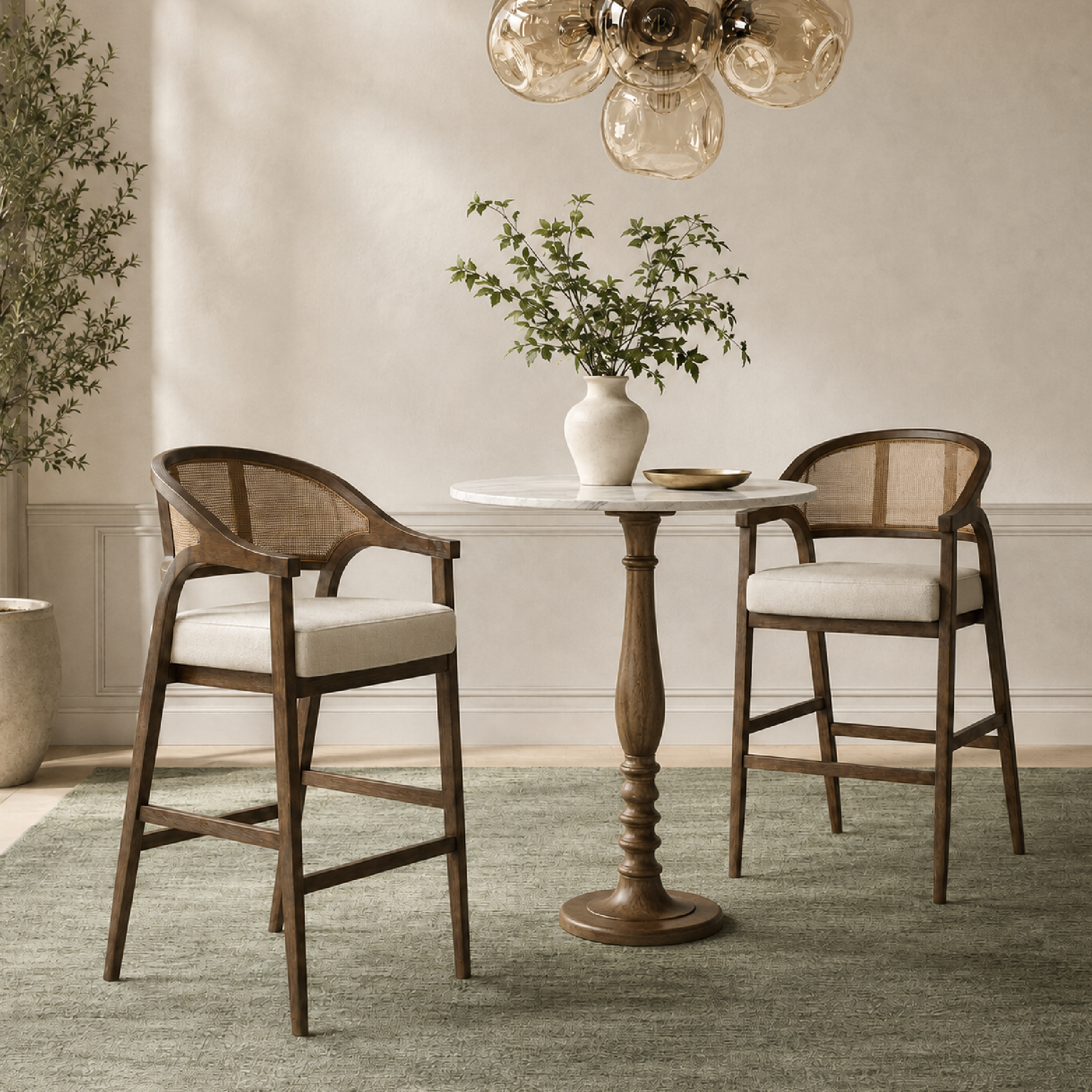 Chloe Bar Stool in Brown Finish with Beige Fabric Upholstery and Honey Rattan Back in Stools by Maven Lane