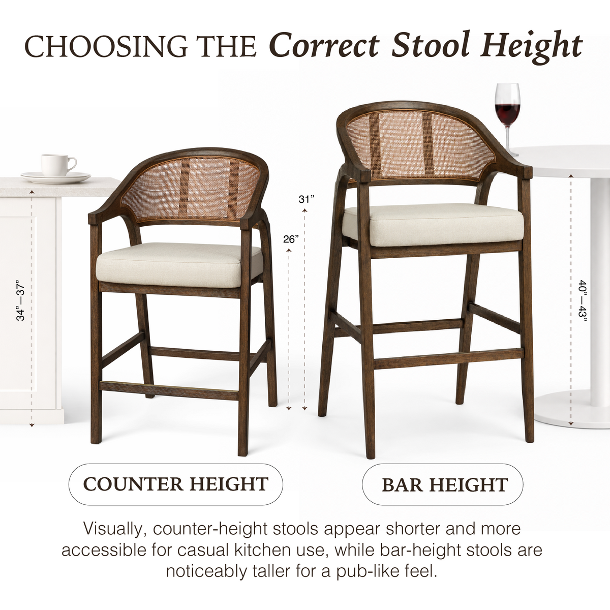 Chloe Bar Stool in Brown Finish with Beige Fabric Upholstery and Honey Rattan Back in Stools by Maven Lane