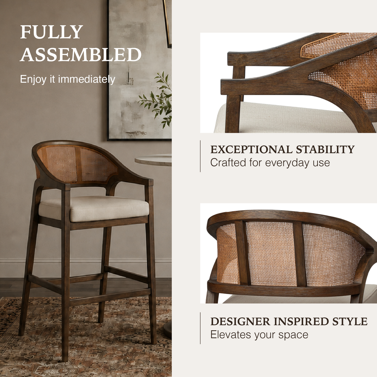 Chloe Bar Stool in Brown Finish with Beige Fabric Upholstery and Honey Rattan Back in Stools by Maven Lane
