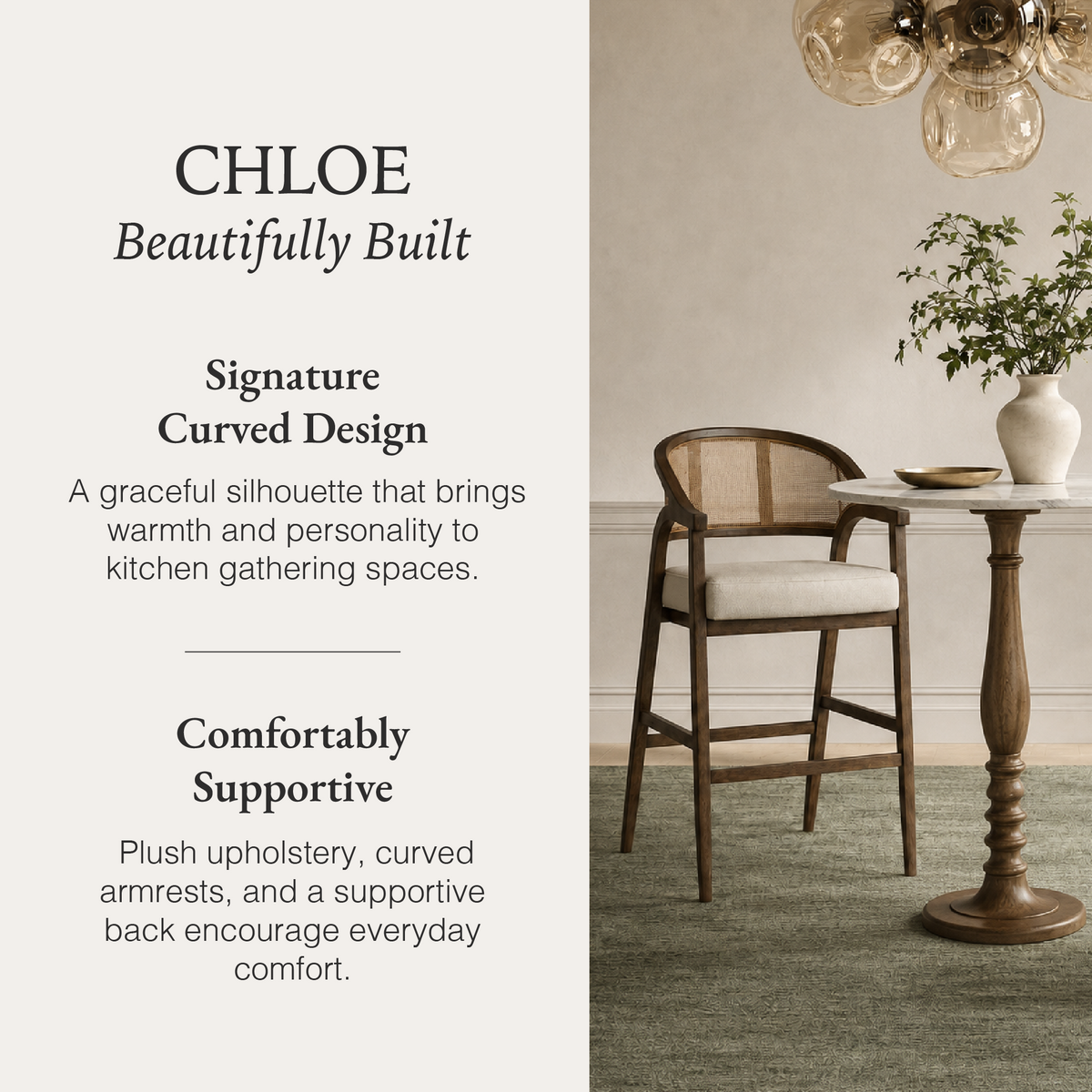 Chloe Bar Stool in Brown Finish with Beige Fabric Upholstery and Honey Rattan Back in Stools by Maven Lane