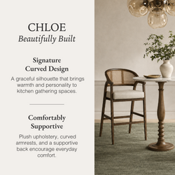 Chloe Bar Stool in Brown Finish with Beige Fabric Upholstery and Honey Rattan Back in Stools by Maven Lane