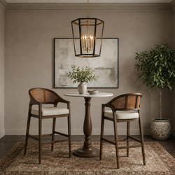Chloe Bar Stool in Brown Finish with Beige Fabric Upholstery and Honey Rattan Back in Stools by Maven Lane