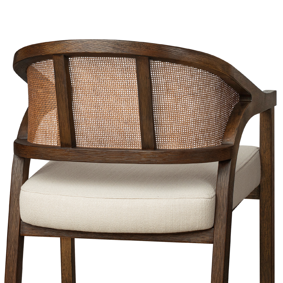 Chloe Bar Stool in Brown Finish with Beige Fabric Upholstery and Honey Rattan Back in Stools by Maven Lane