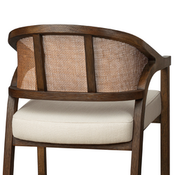Chloe Bar Stool in Brown Finish with Beige Fabric Upholstery and Honey Rattan Back in Stools by Maven Lane