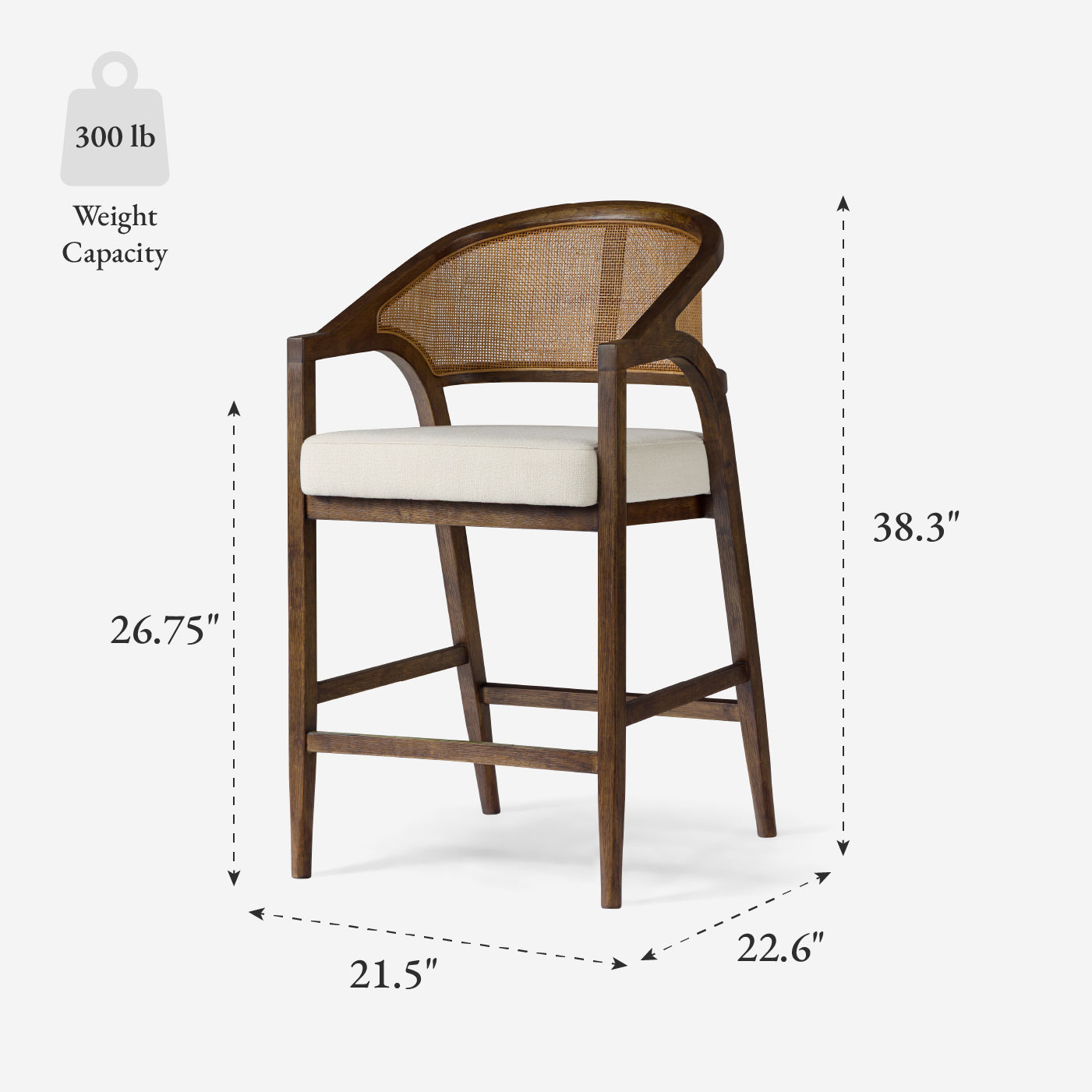 26" Chloe Counter Stool in Brown Finish with Beige Fabric Upholstery and Honey Rattan Back in Maven Lane by Maven Lane