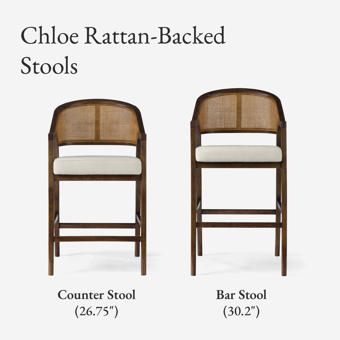 26" Chloe Counter Stool in Brown Finish with Beige Fabric Upholstery and Honey Rattan Back in Maven Lane by Maven Lane