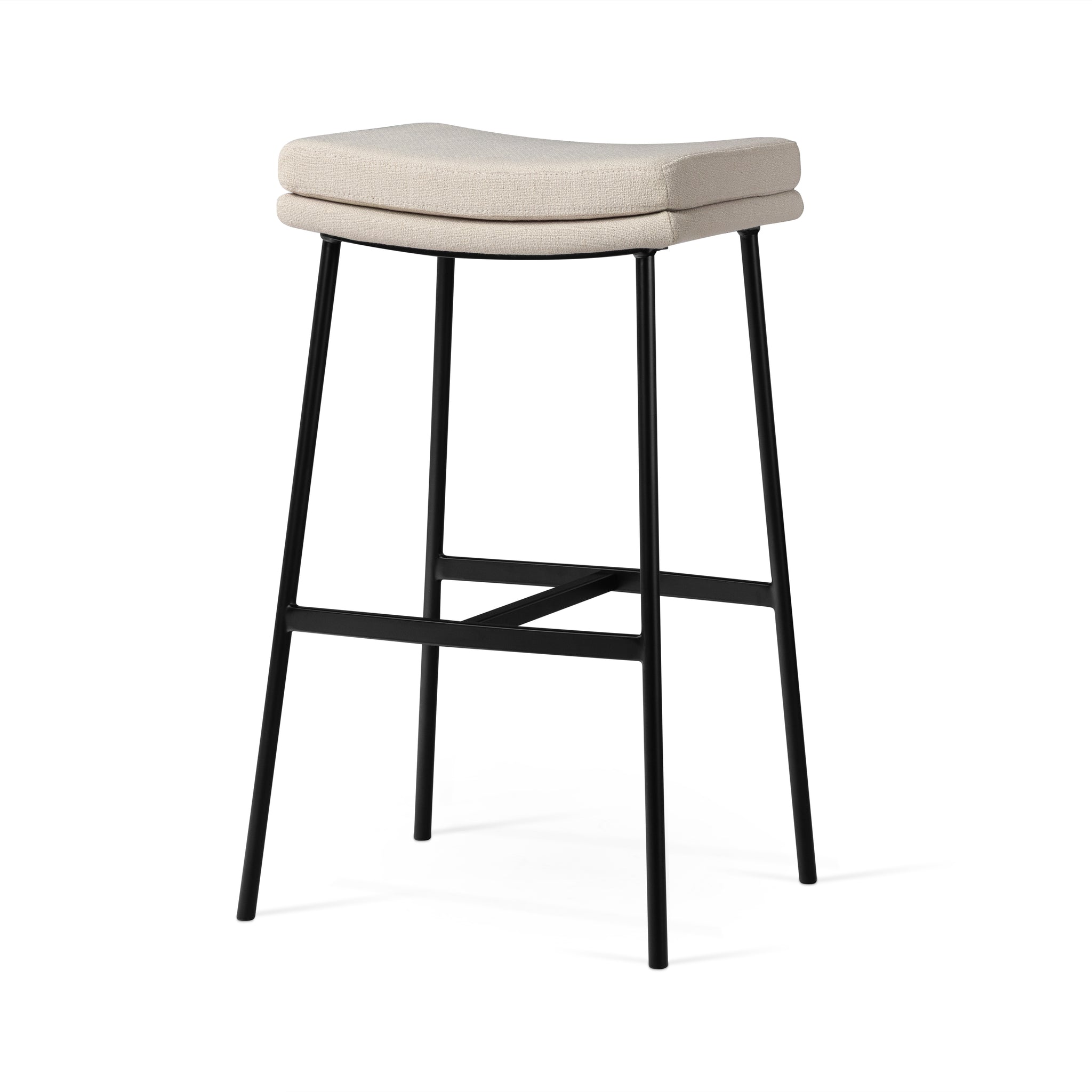 Berkley Bar Height Saddle Stool – Beige Fabric & Matte Black in Maven Lane by Maven Lane