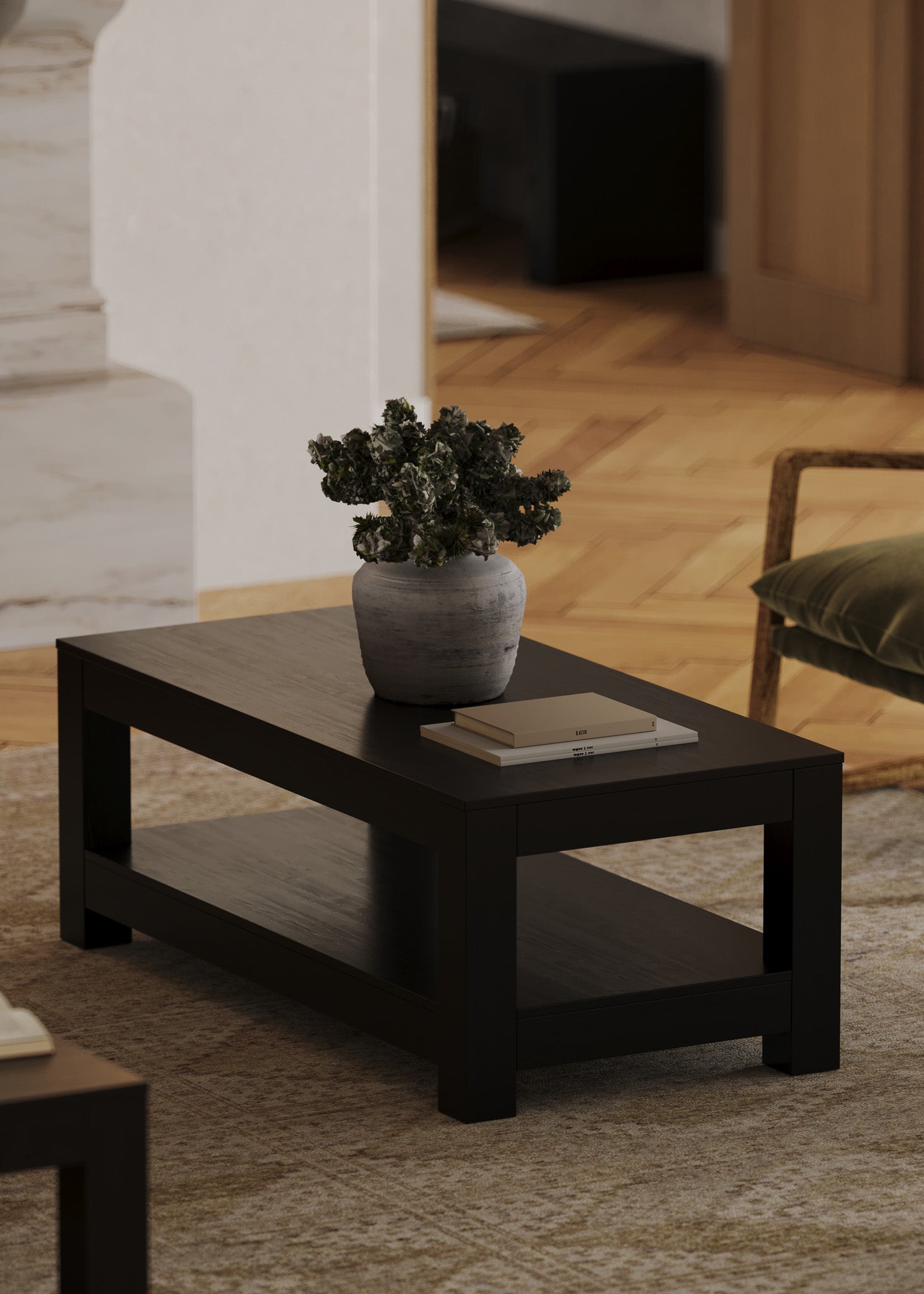 Paulo Wooden Coffee Table in Weathered Black Finish in Accent Tables by Maven Lane