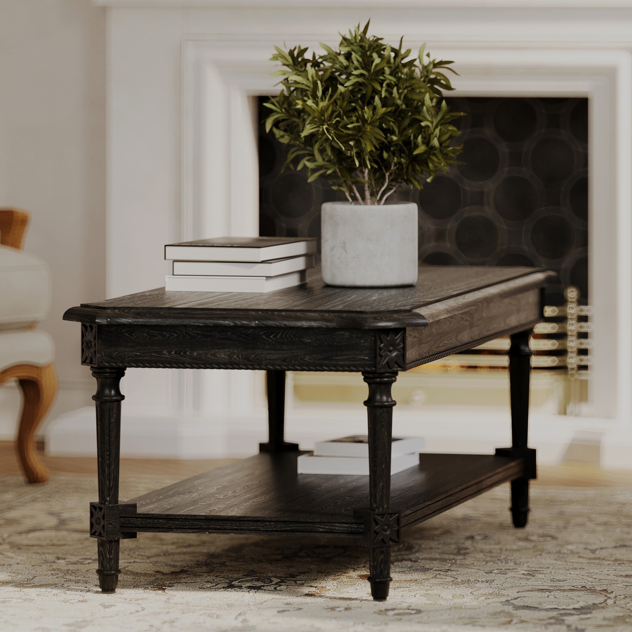 Pullman Traditional Rectangular Wooden Coffee Table in Antiqued Black Finish in Accent Tables by VMI