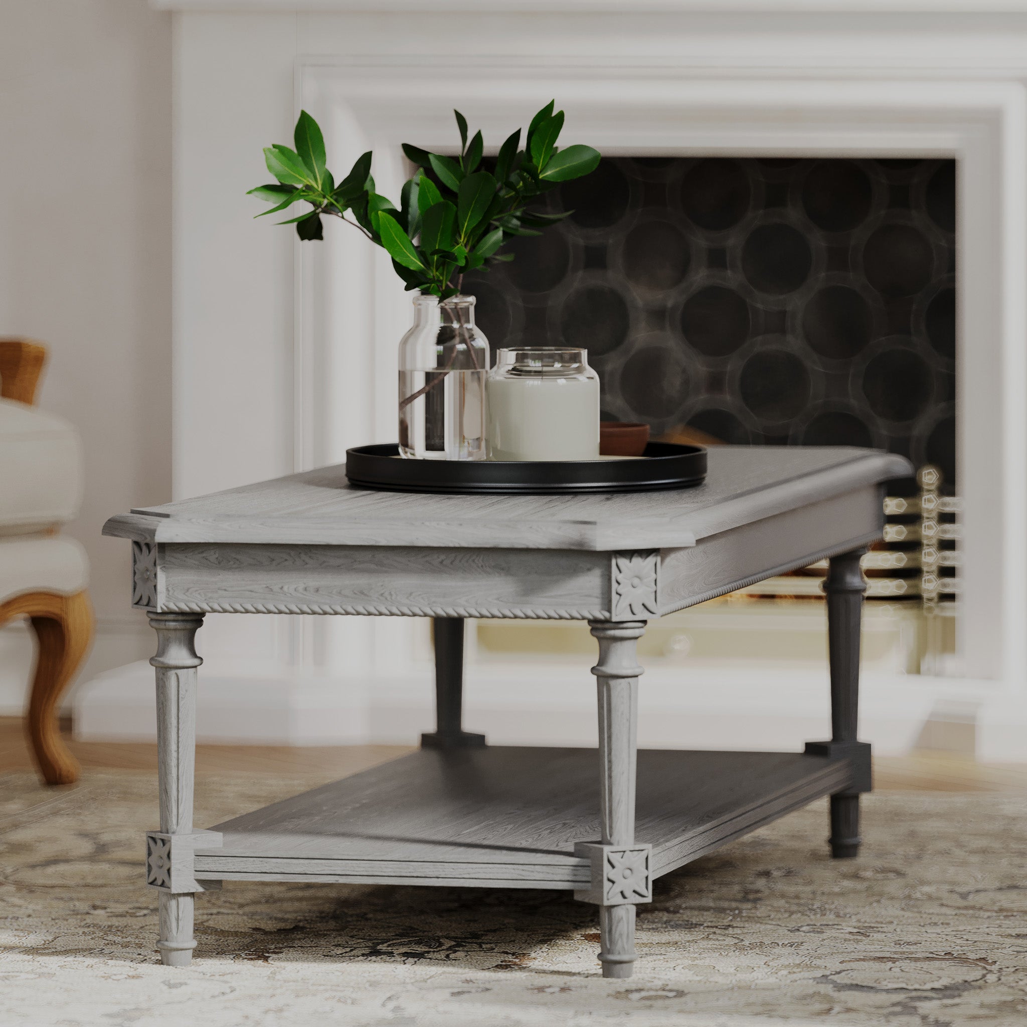 Pullman Traditional Rectangular Wooden Coffee Table in Antiqued Grey Finish in Accent Tables by Maven Lane