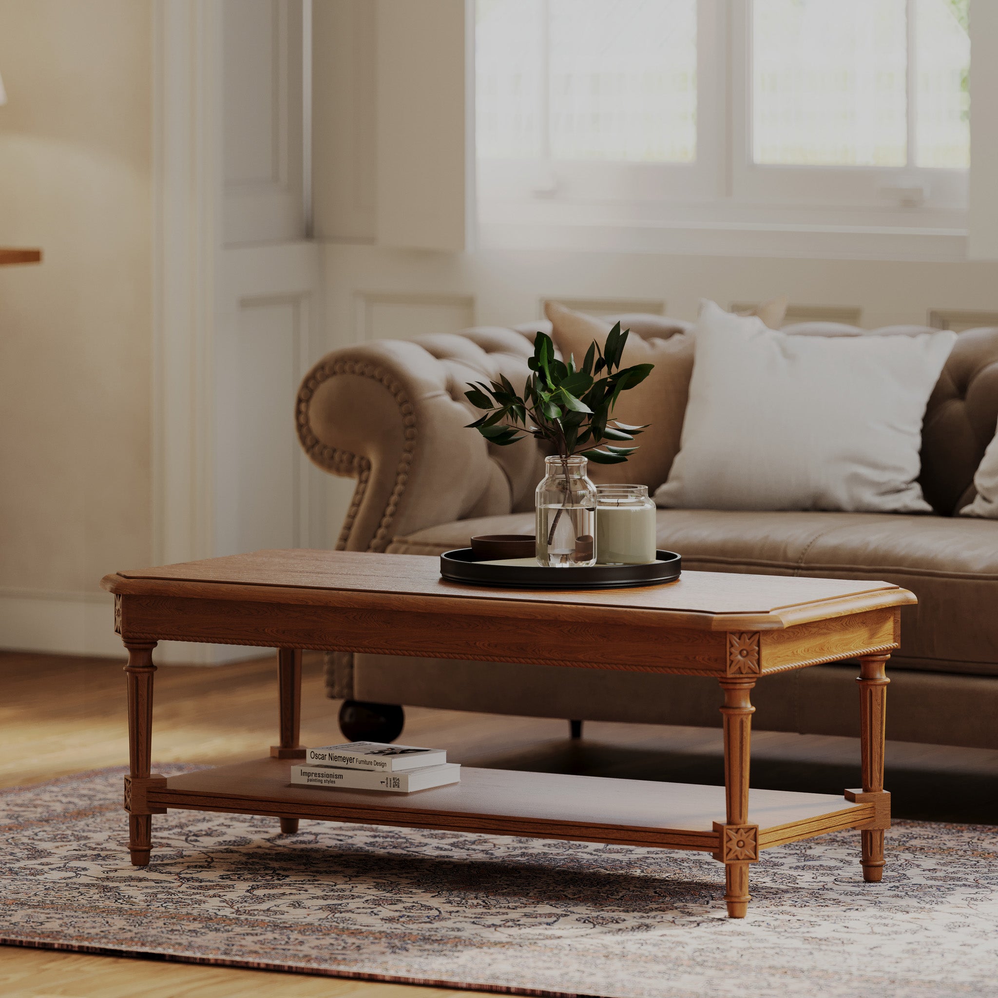 Pullman Traditional Rectangular Wooden Coffee Table in Antiqued Natural Finish in Accent Tables by Maven Lane