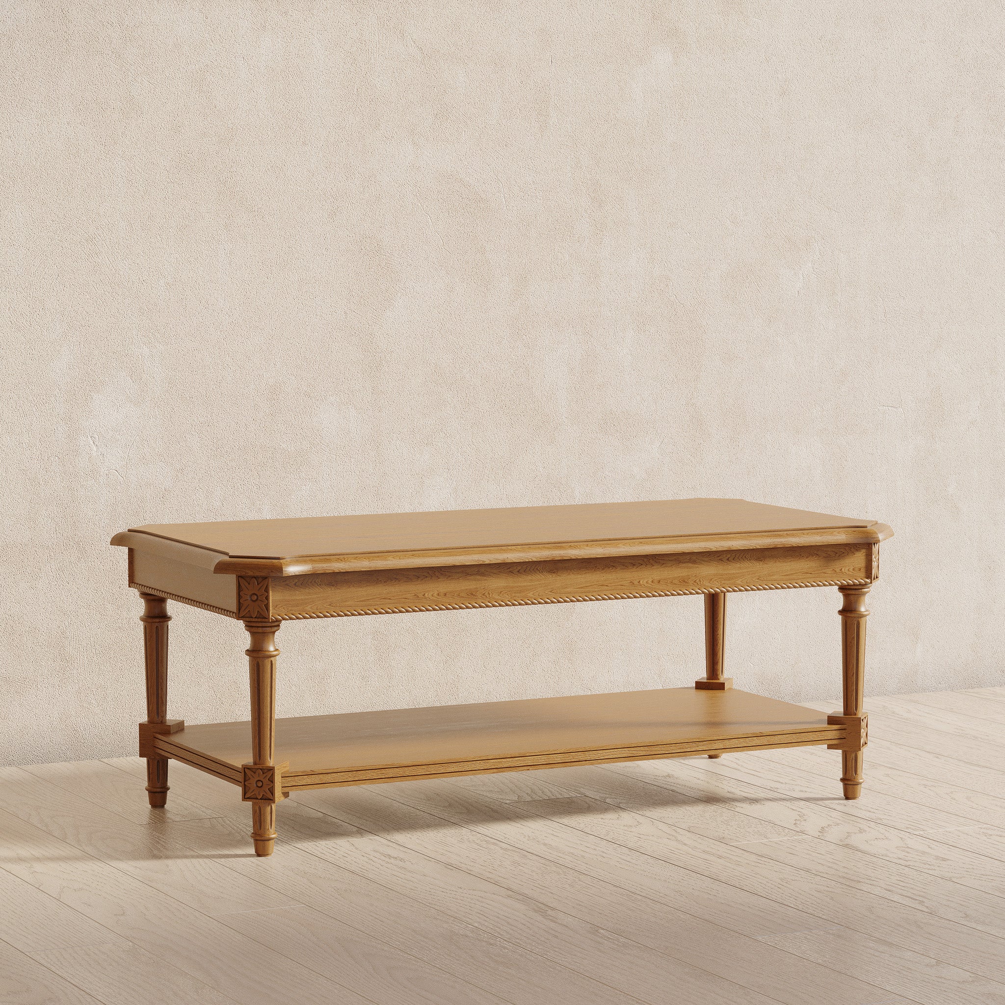 Pullman Traditional Rectangular Wooden Coffee Table in Antiqued Natural Finish in Accent Tables by Maven Lane