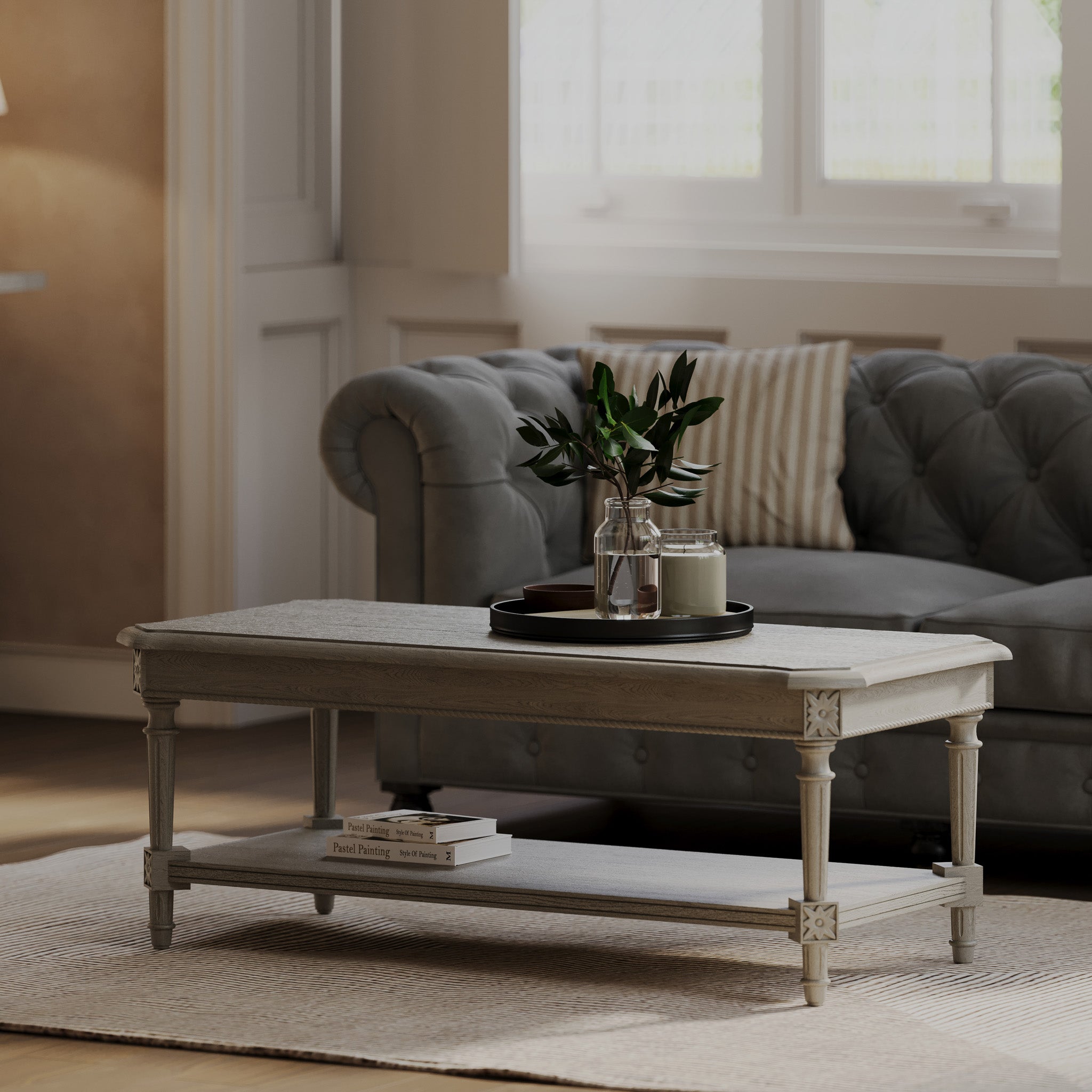 Pullman Traditional Rectangular Wooden Coffee Table in Antiqued White Finish in Accent Tables by Maven Lane