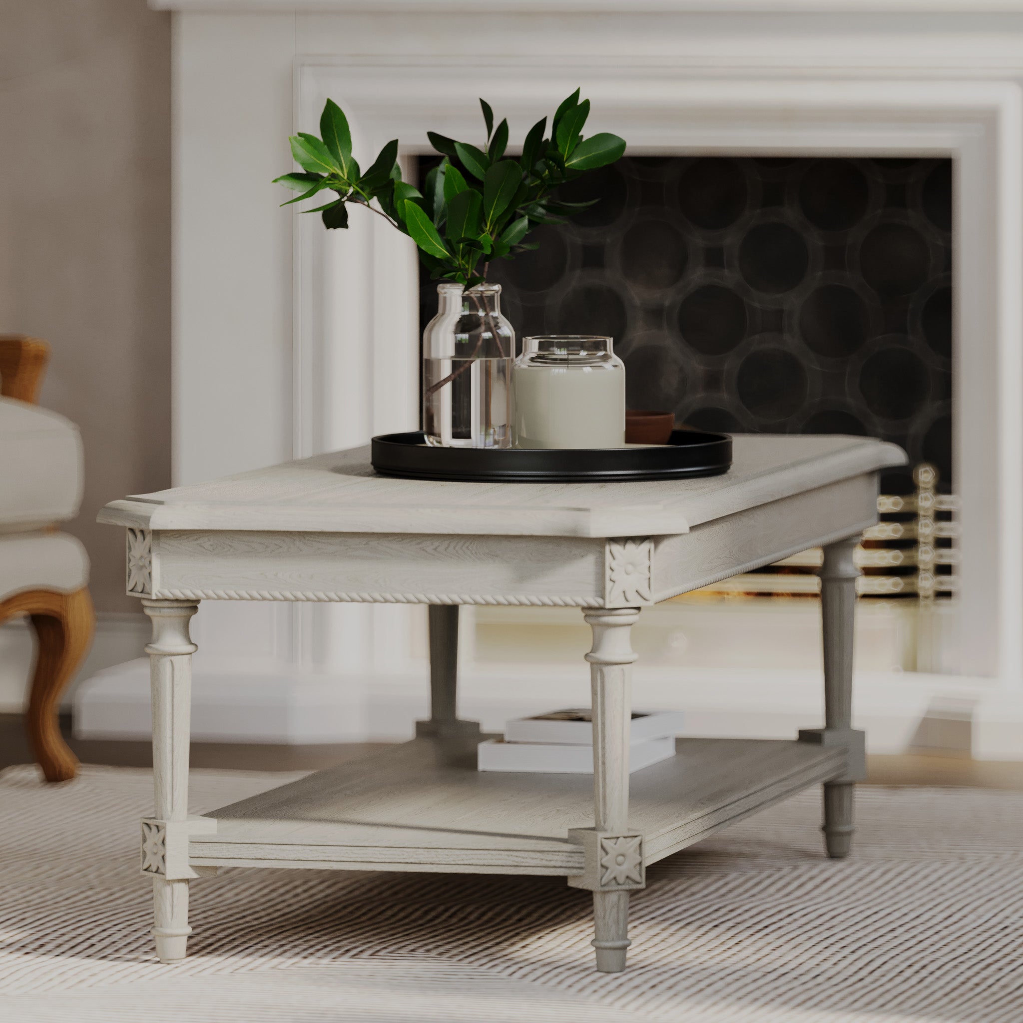 Pullman Traditional Rectangular Wooden Coffee Table in Antiqued White Finish in Accent Tables by Maven Lane