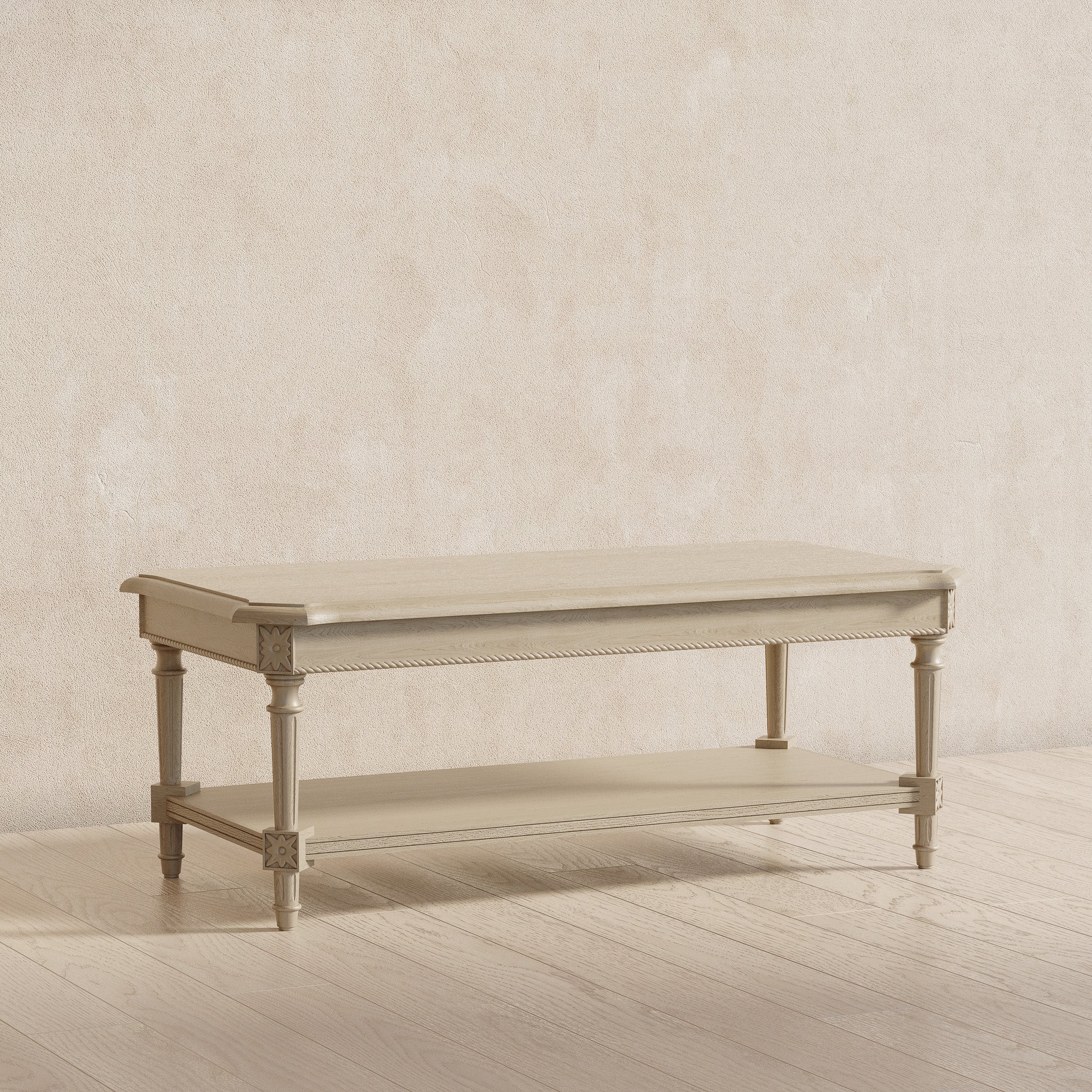 Pullman Traditional Rectangular Wooden Coffee Table in Antiqued White Finish in Accent Tables by Maven Lane