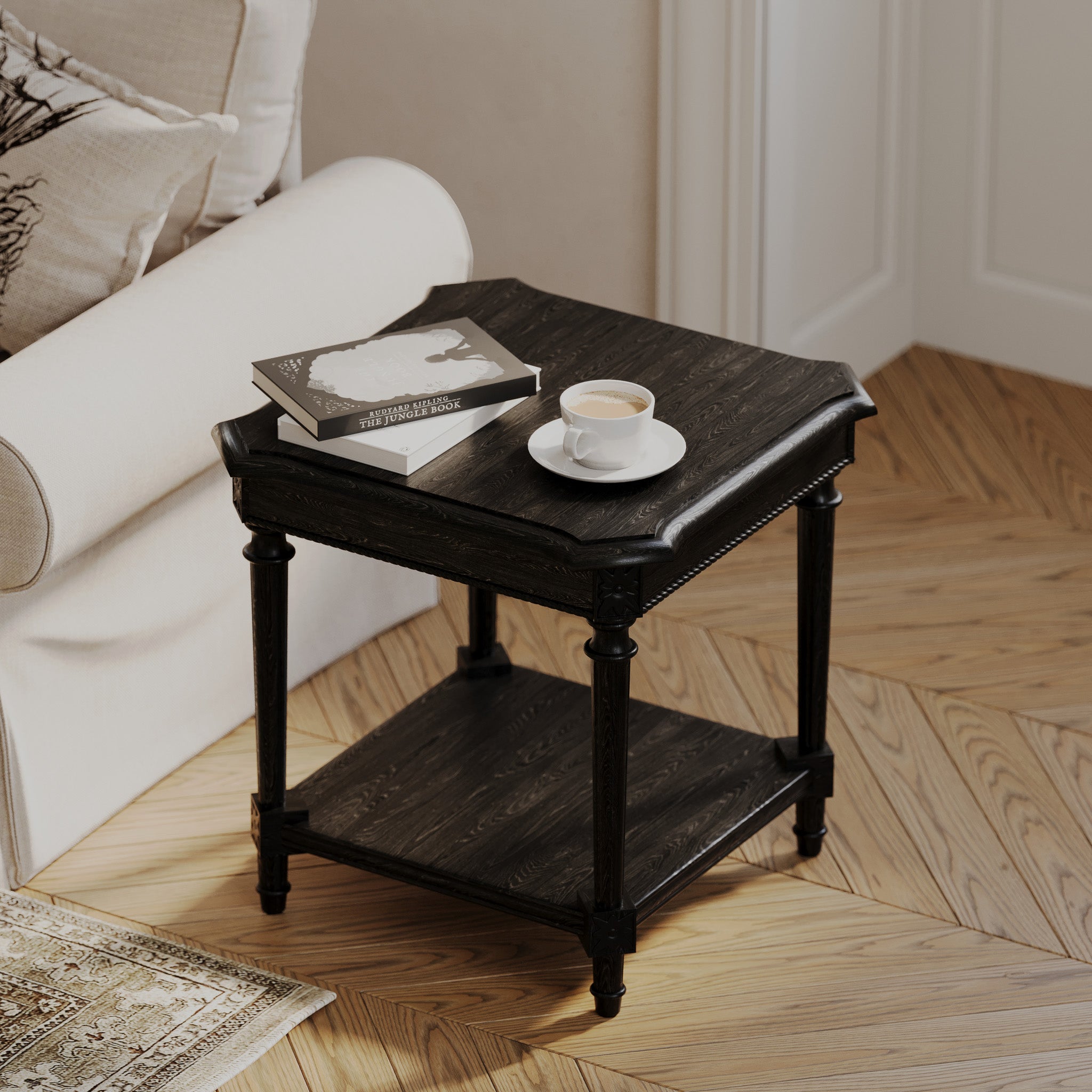 Pullman Traditional Square Wooden Side Table in Antiqued Black Finish in Accent Tables by Maven Lane