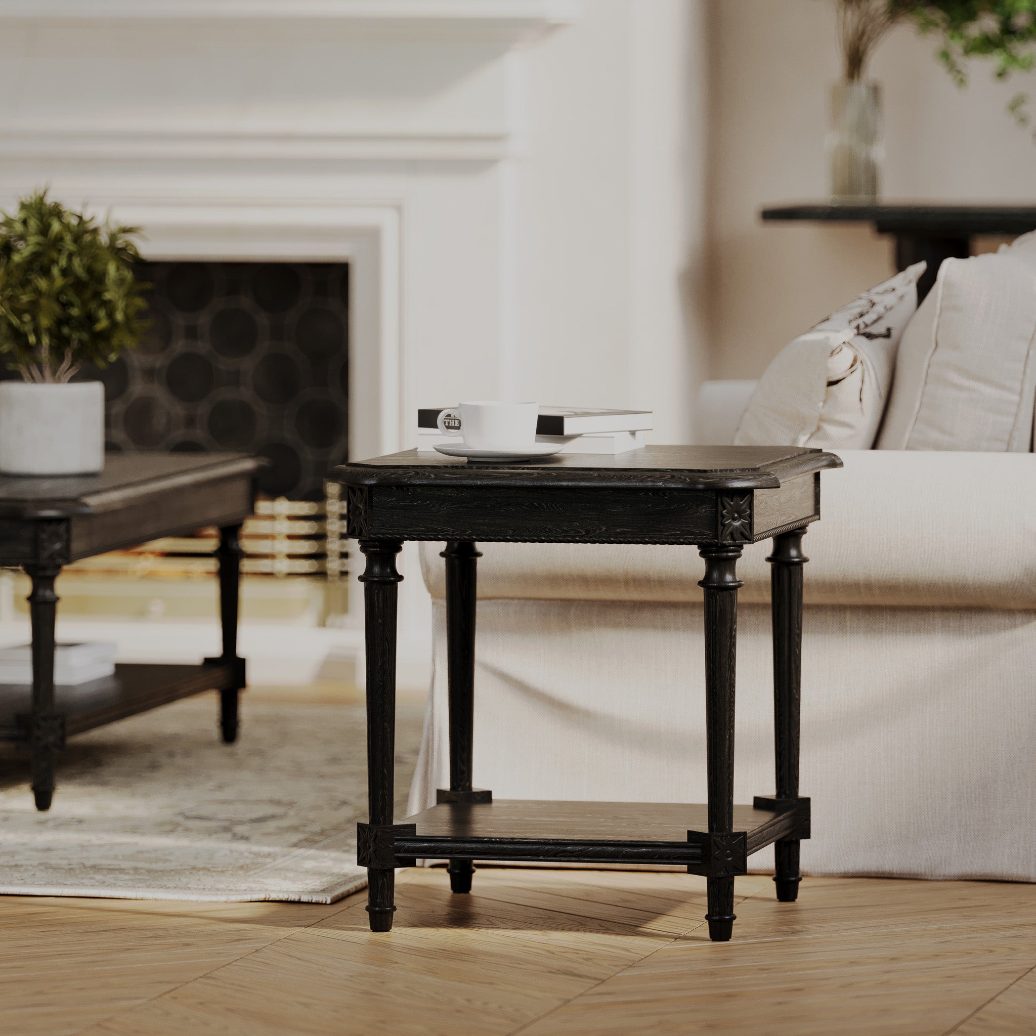 Pullman Traditional Square Wooden Side Table in Antiqued Black Finish in Accent Tables by Maven Lane