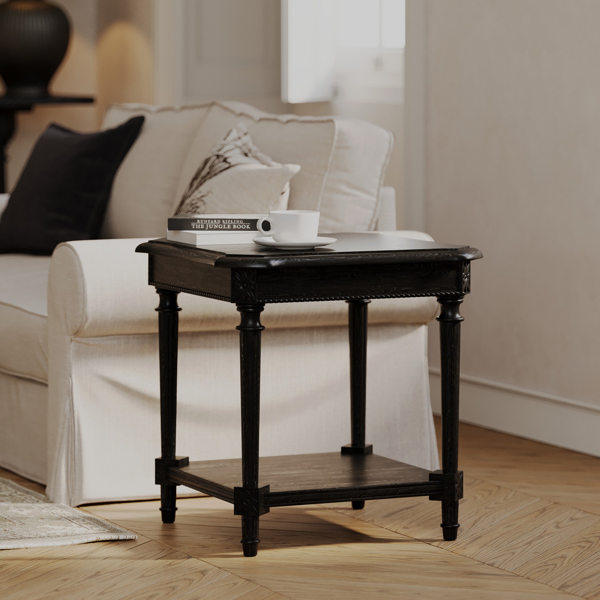 Pullman Traditional Square Wooden Side Table in Antiqued Black Finish in Accent Tables by Maven Lane