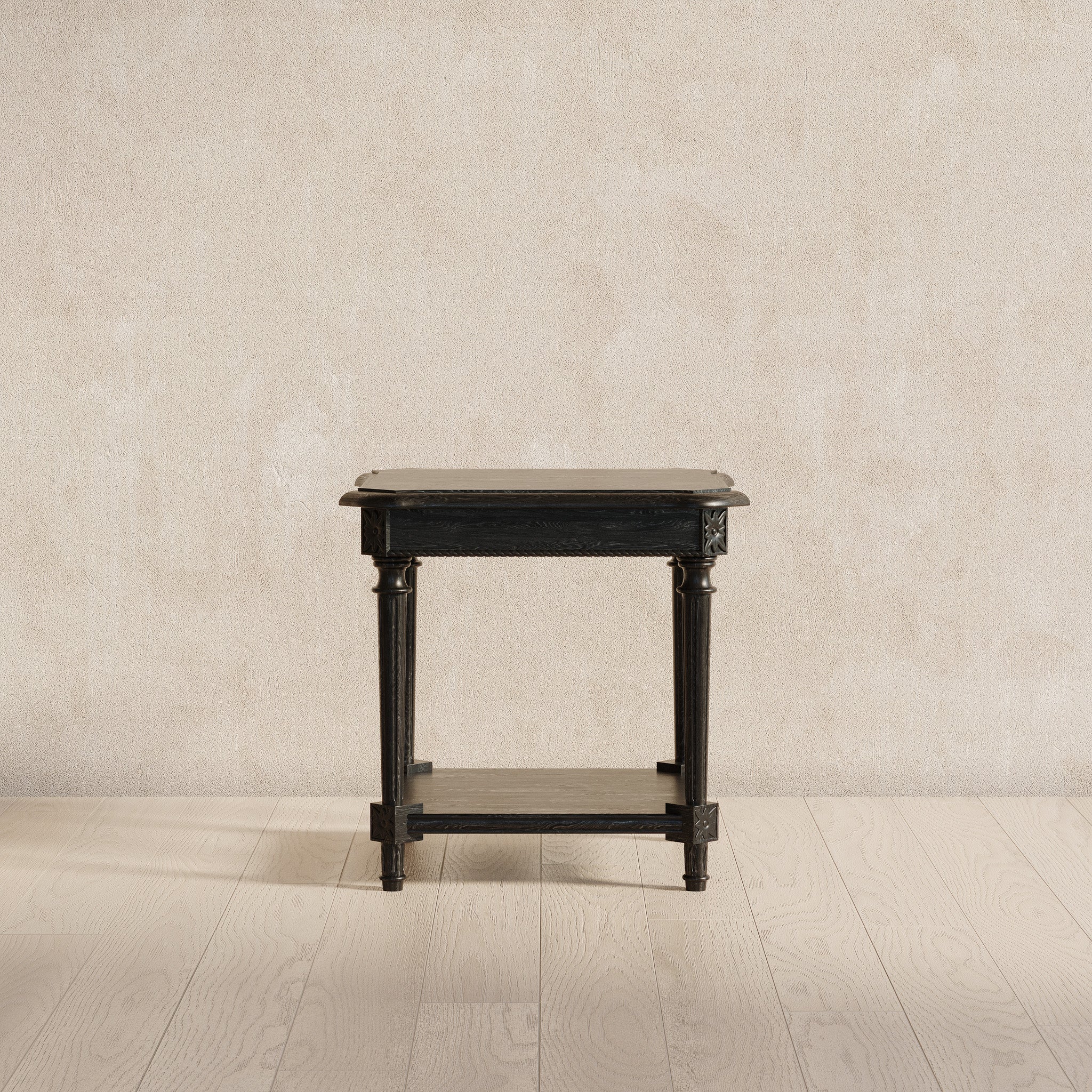 Pullman Traditional Square Wooden Side Table in Antiqued Black Finish in Accent Tables by Maven Lane