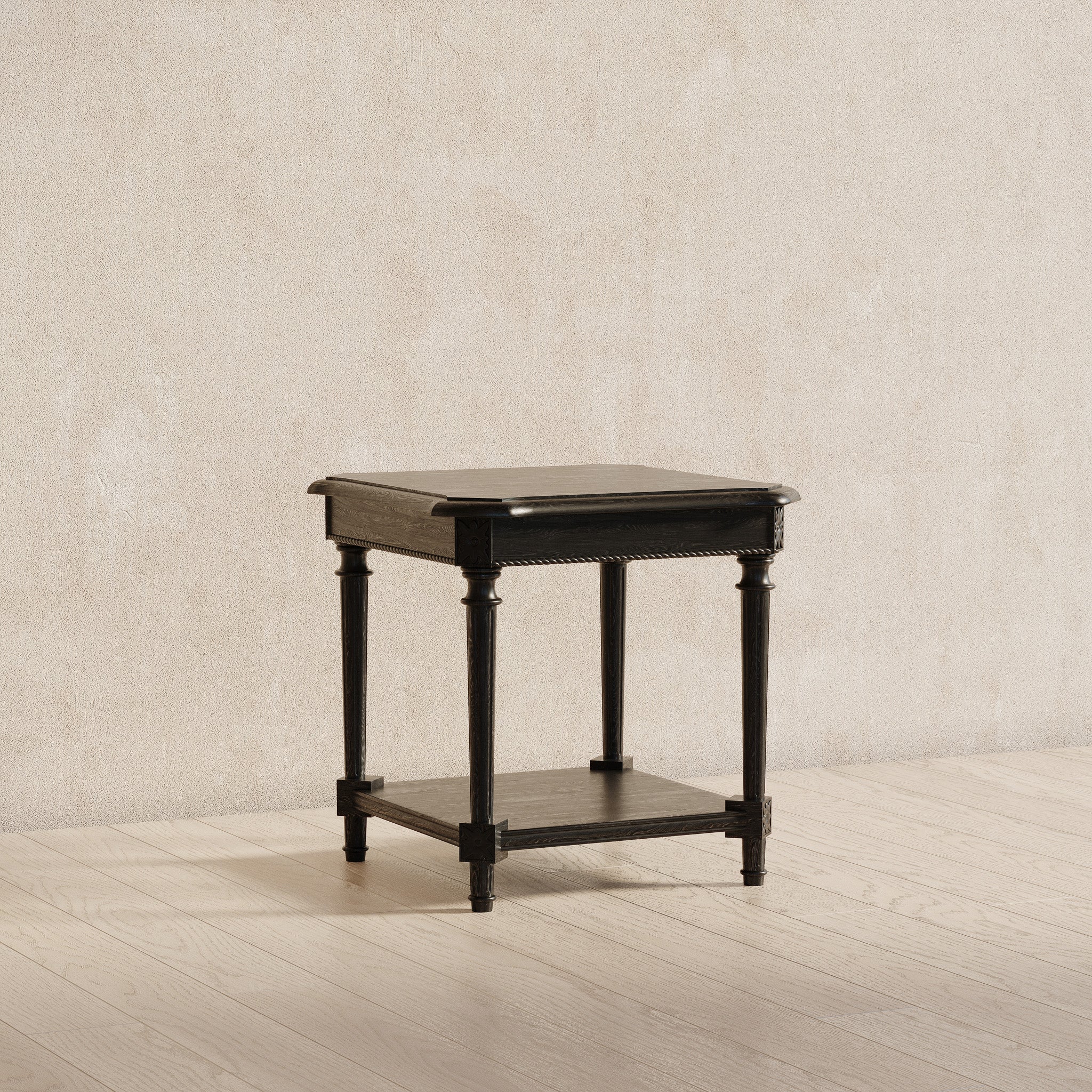 Pullman Traditional Square Wooden Side Table in Antiqued Black Finish in Accent Tables by Maven Lane