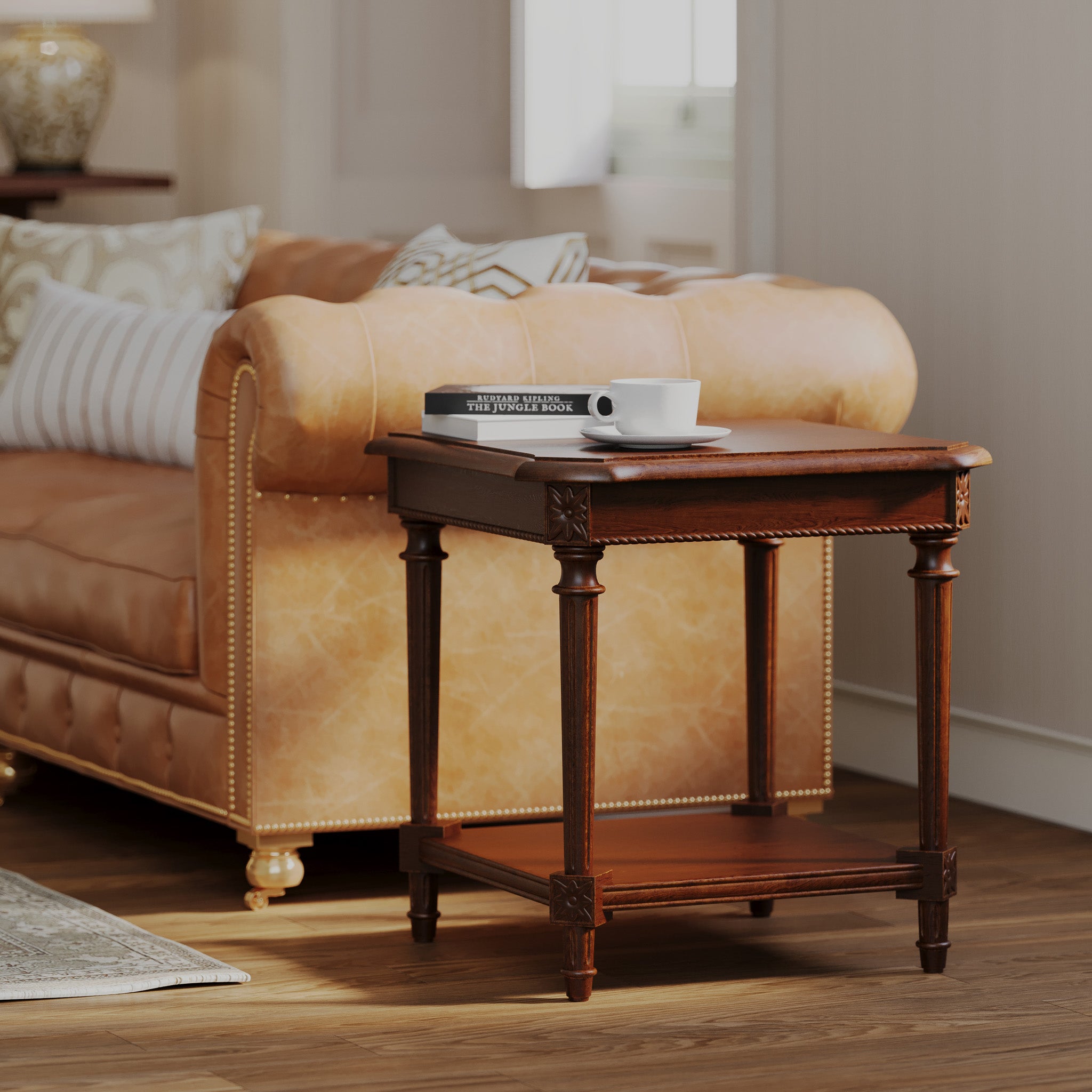 Pullman Traditional Square Wooden Side Table in Antiqued Brown Finish in Accent Tables by Maven Lane