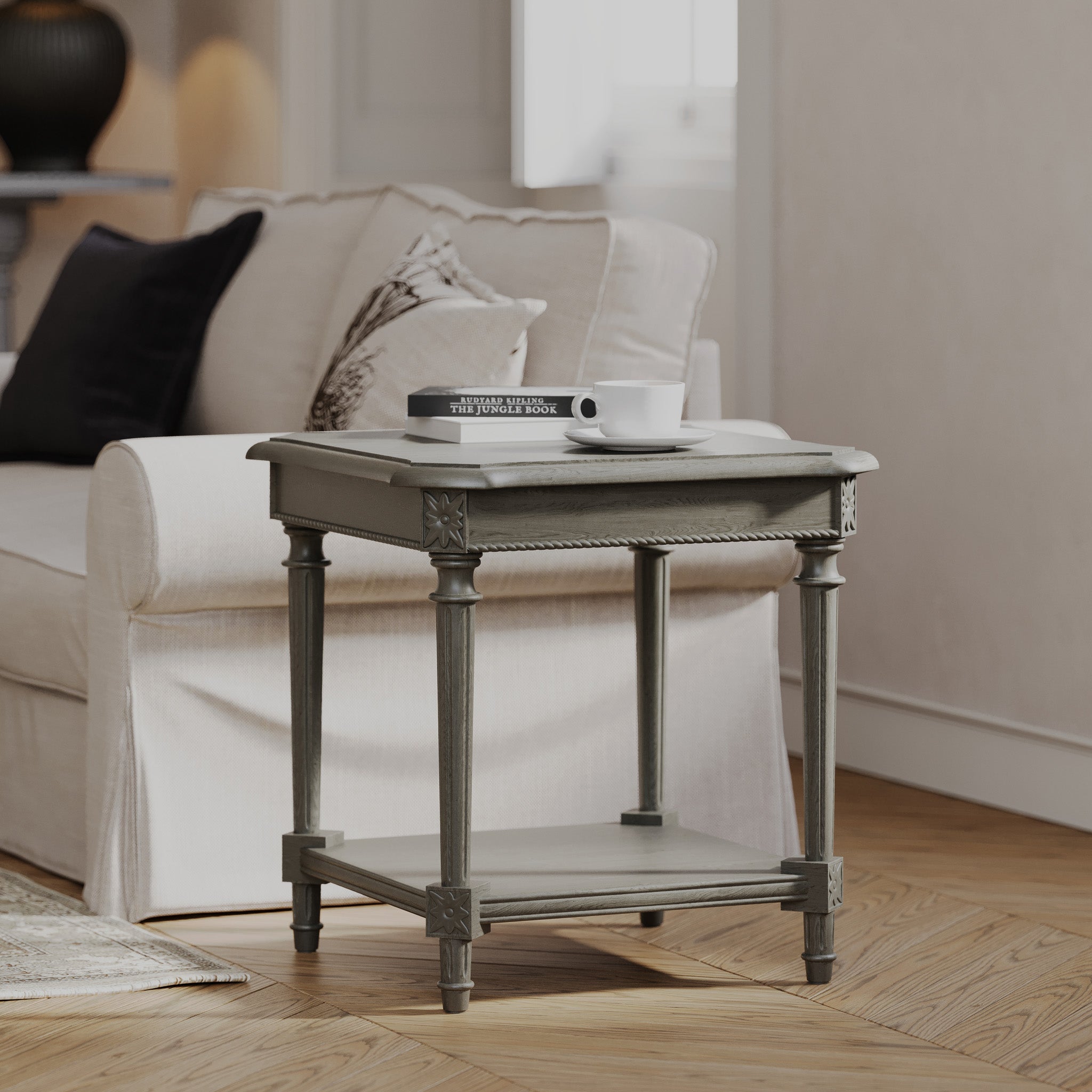 Pullman Traditional Square Wooden Side Table in Antiqued Grey Finish in Accent Tables by Maven Lane