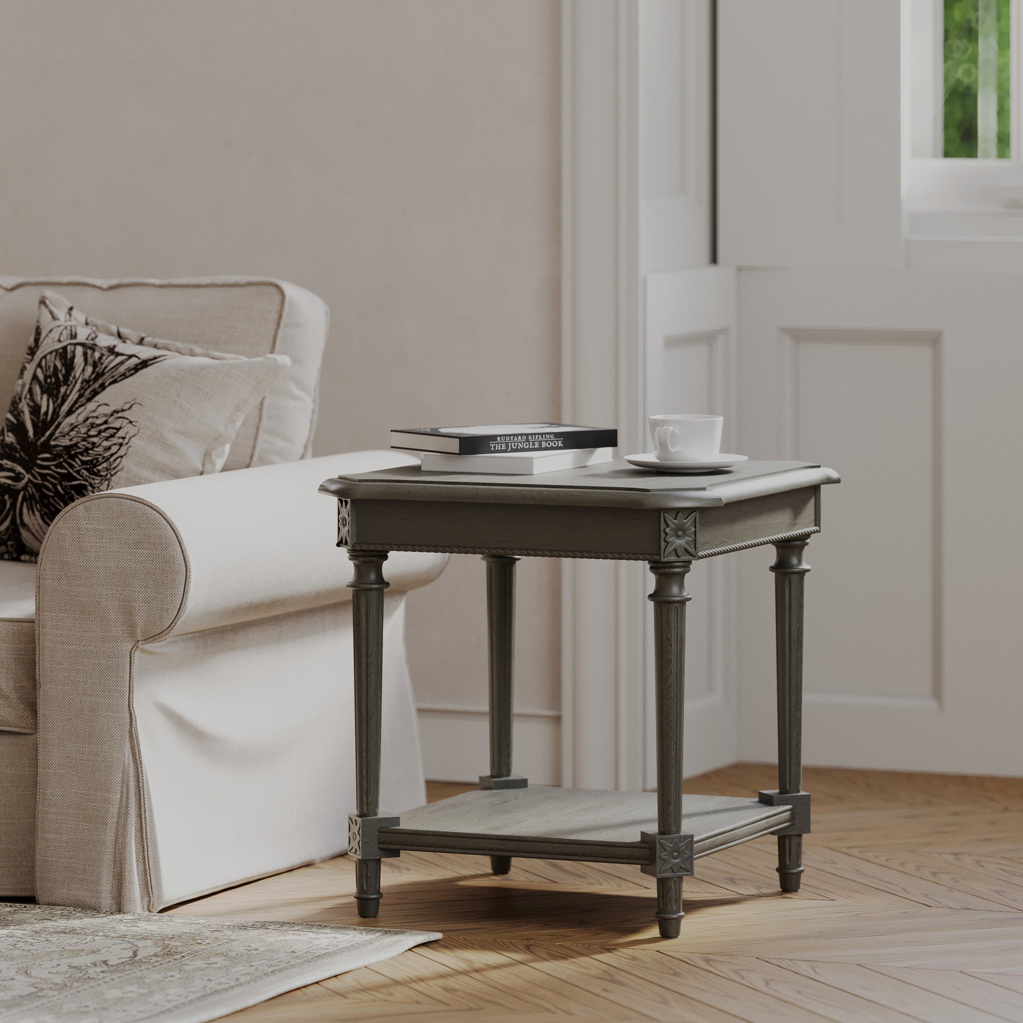 Pullman Traditional Square Wooden Side Table in Antiqued Grey Finish in Accent Tables by Maven Lane