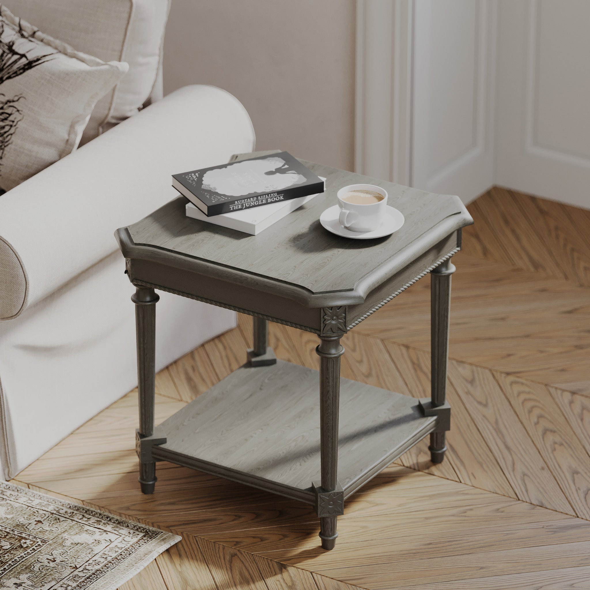 Pullman Traditional Square Wooden Side Table in Antiqued Grey Finish in Accent Tables by Maven Lane